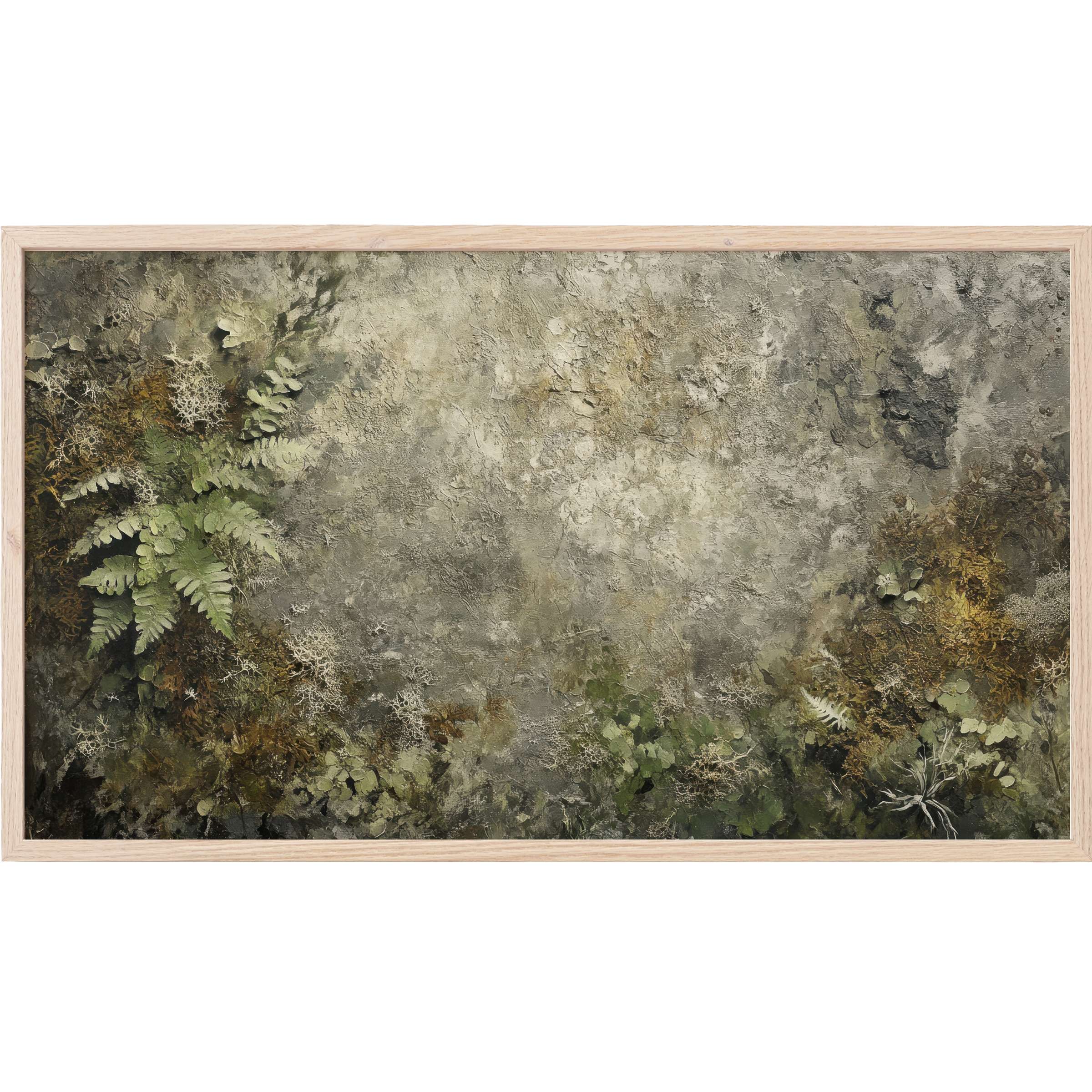 Textured botanical Frame TV Art in muted greens and browns, blending organic forms with an earthy, modern aesthetic