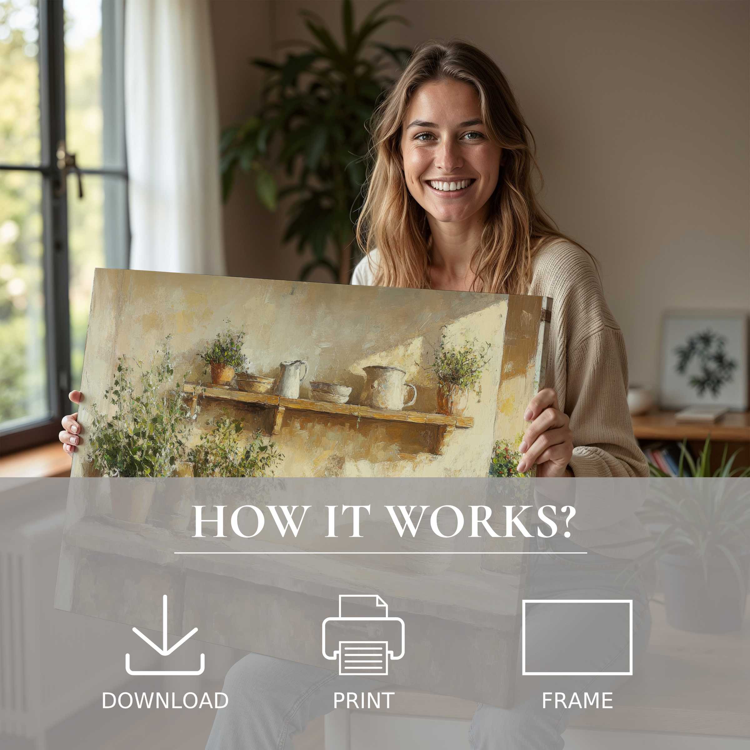 A radiant moment of joy with a farmhouse digital art print, blending rustic charm and modern ease in a stylish home