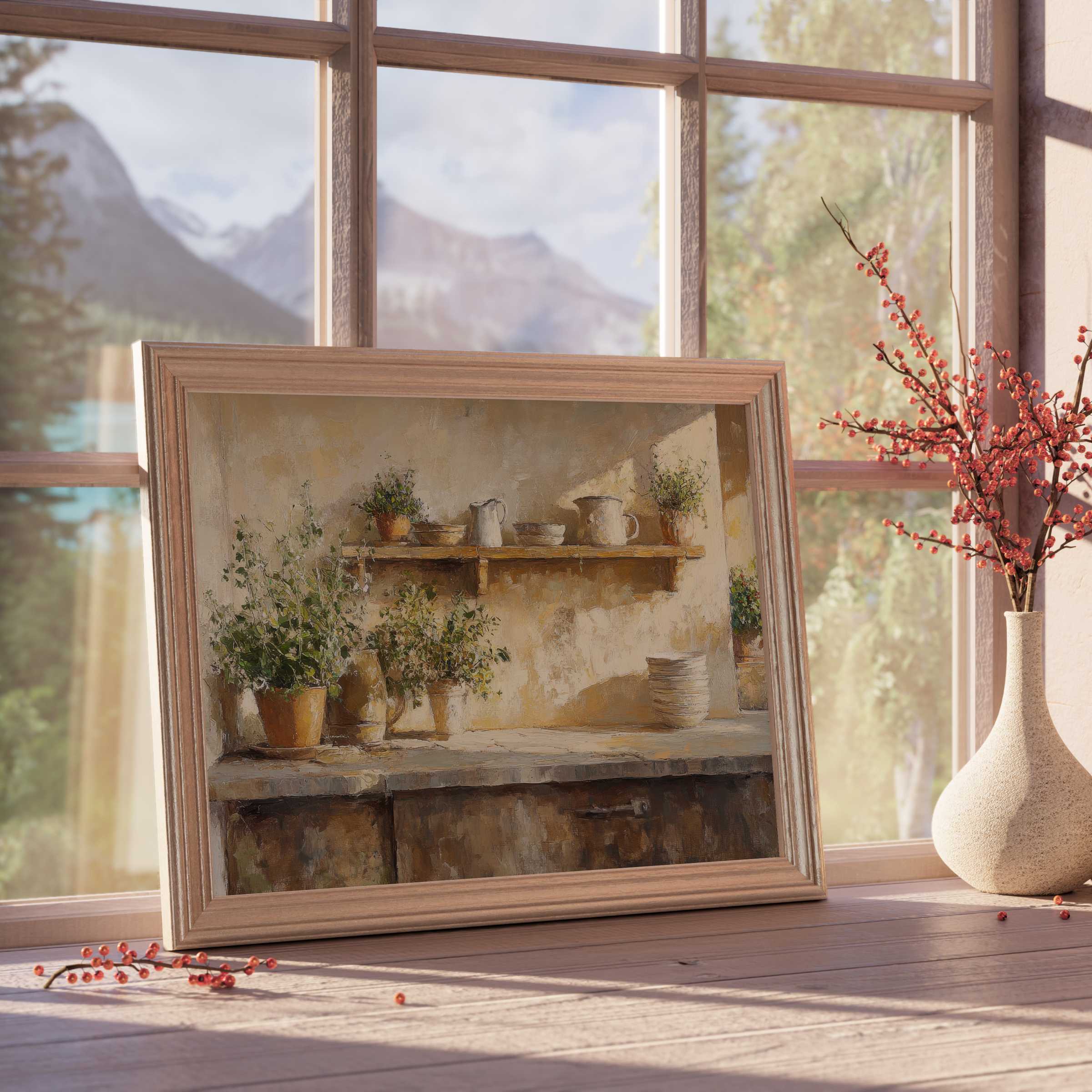 Farmhouse downloadable art evoking warm rustic charm with soft natural light, enhancing serene, curated interior sanctuaries