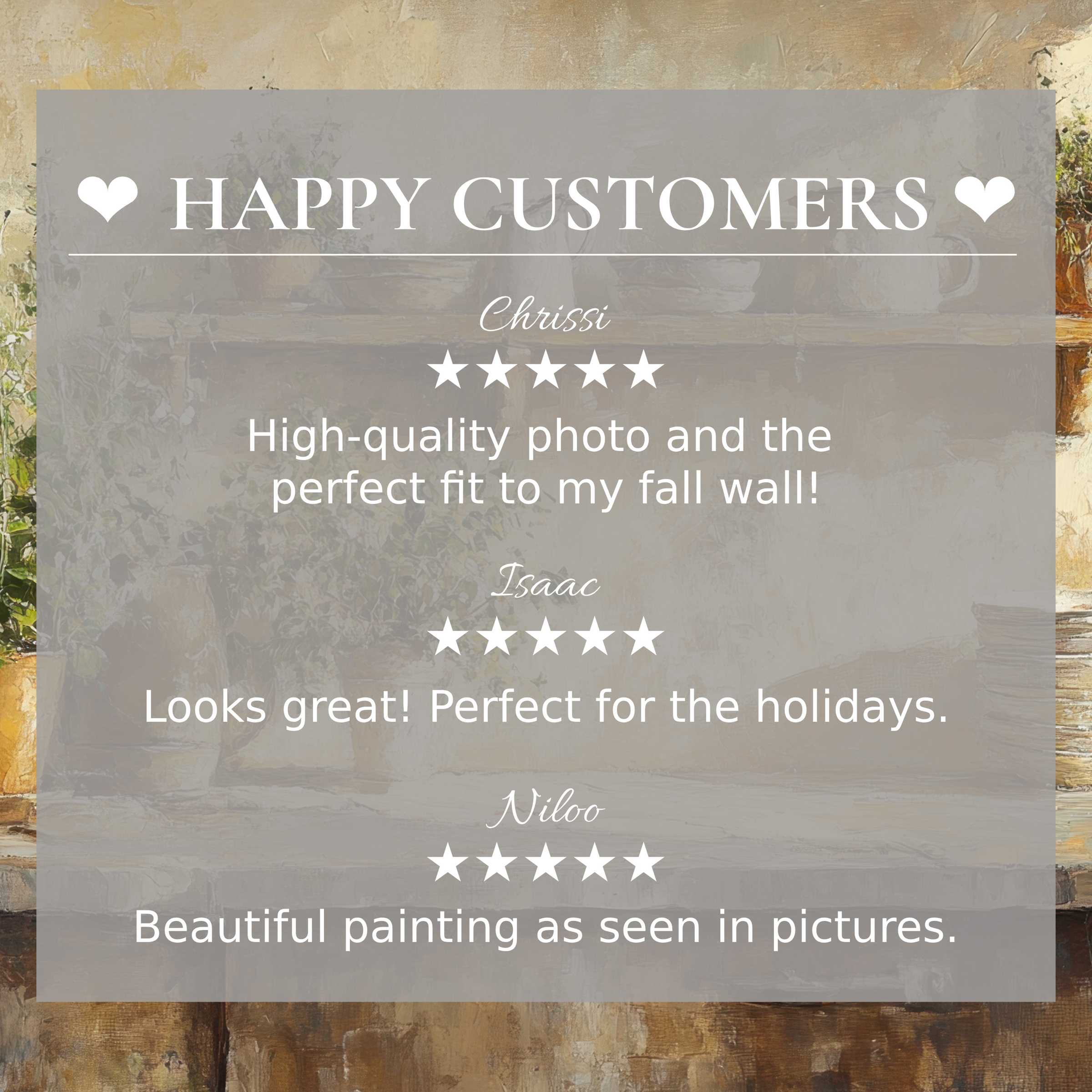 Farmhouse art for Frame TV with abstract sunset tones, showcasing a happy customer and trusted elegant reviews