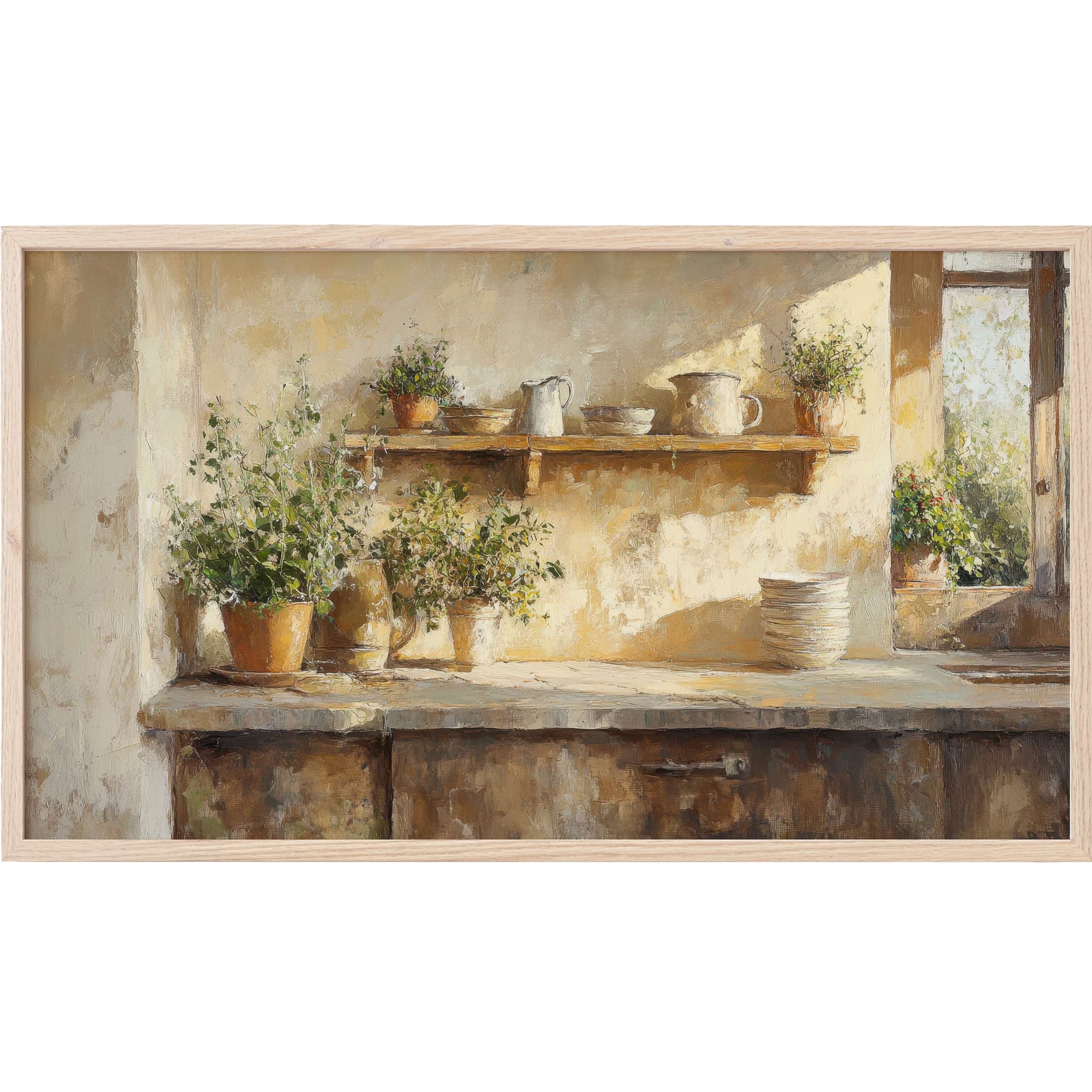 Farmhouse Frame TV Art depicts rustic kitchen plants and pottery in warm, soft earth tones with textured brushstrokes
