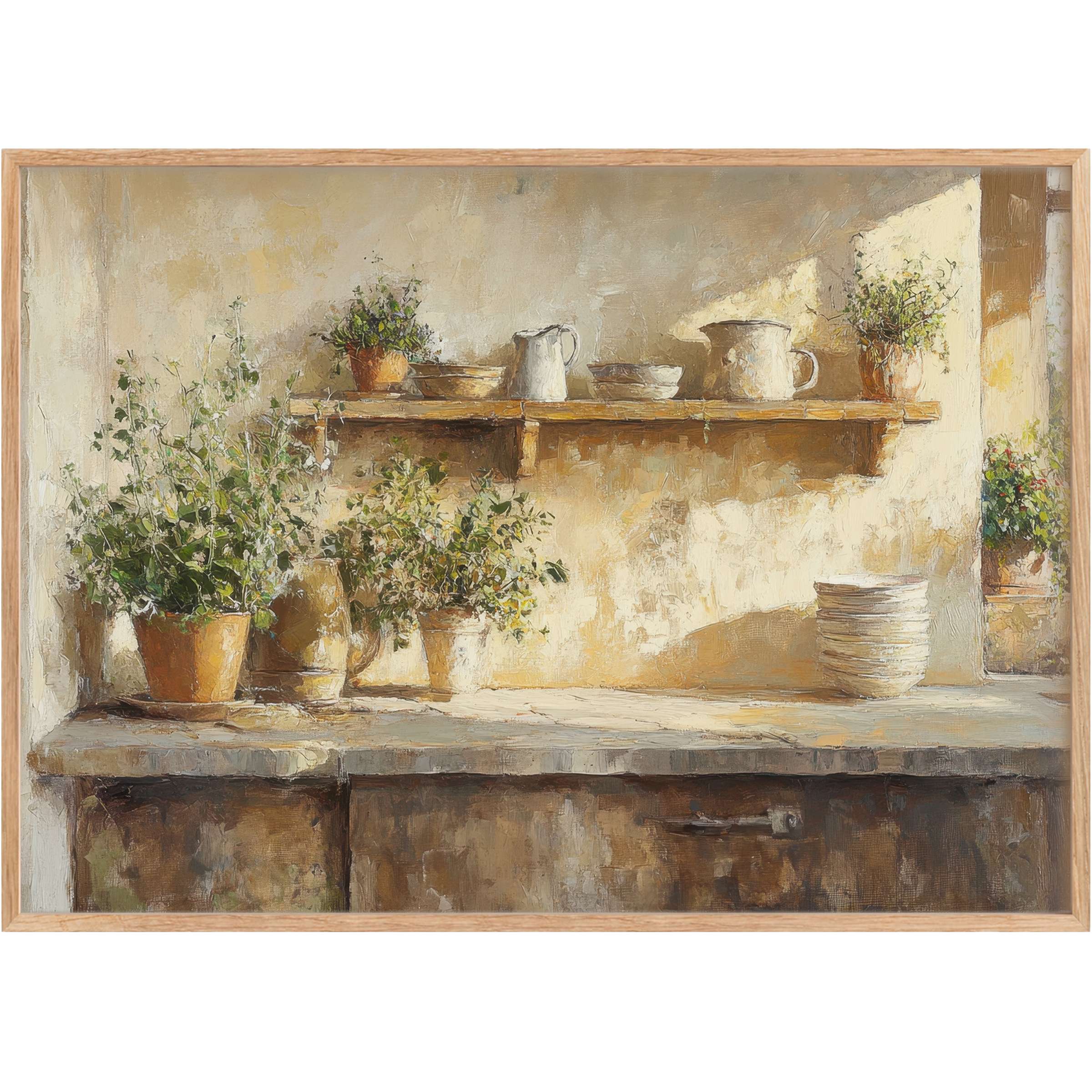 Warm, sunlit farmhouse printable wall art featuring rustic ceramics and lush greenery, evoking serene, timeless elegance