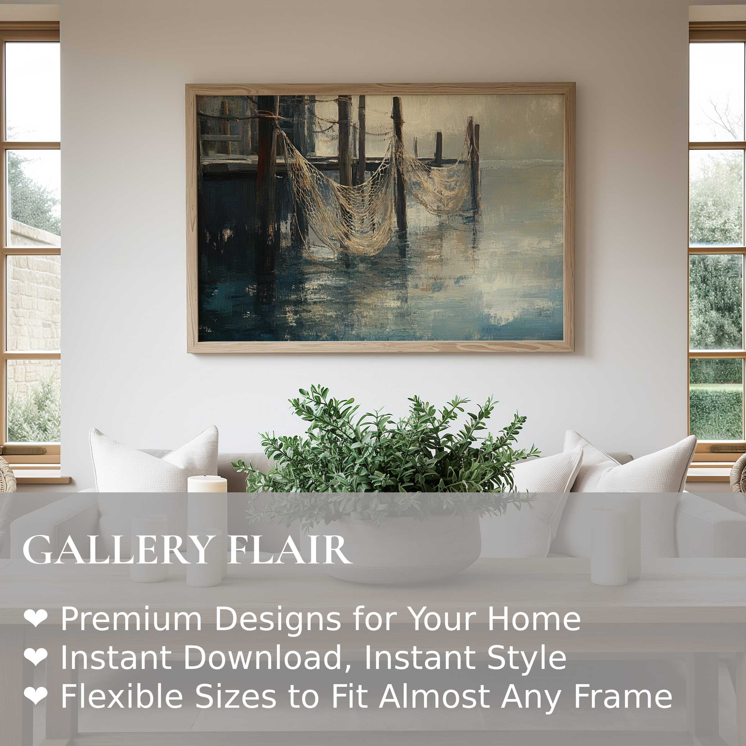 Coastal wall art print capturing serene fishing nets at dawn, evoking calm coastal charm in a modern, airy living space