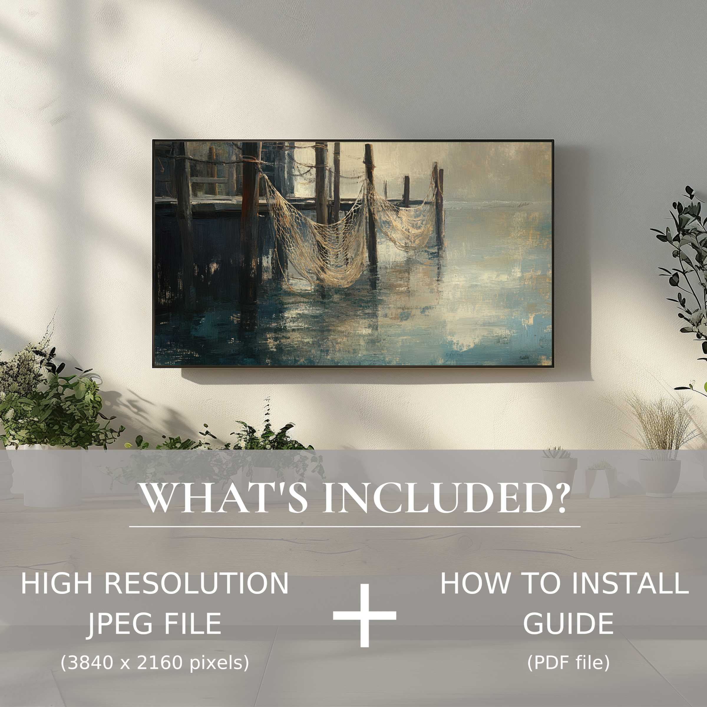 Elegant coastal digital TV art download featuring serene nets; effortlessly elevate your living space with easy digital use
