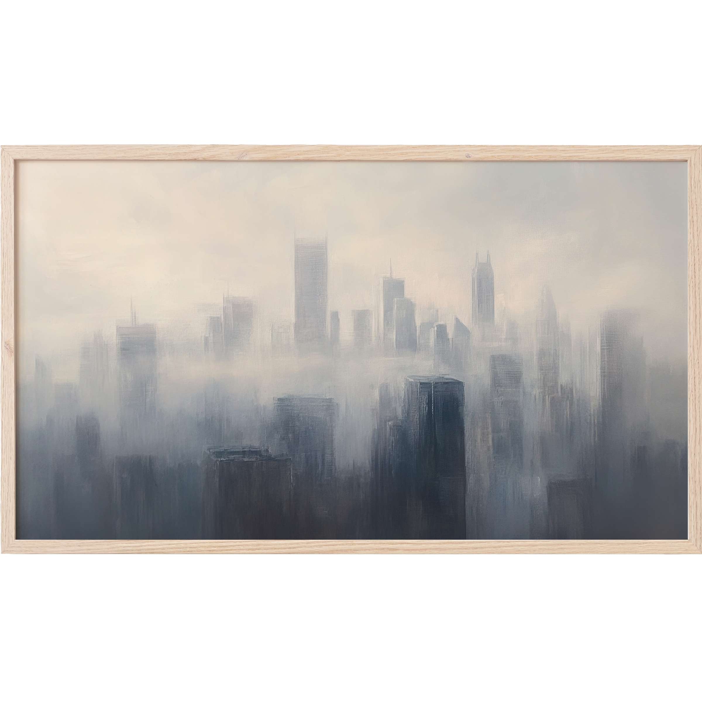 urban Frame TV Art depicting a misty city skyline in soft grays and muted blues with a modern, ethereal style