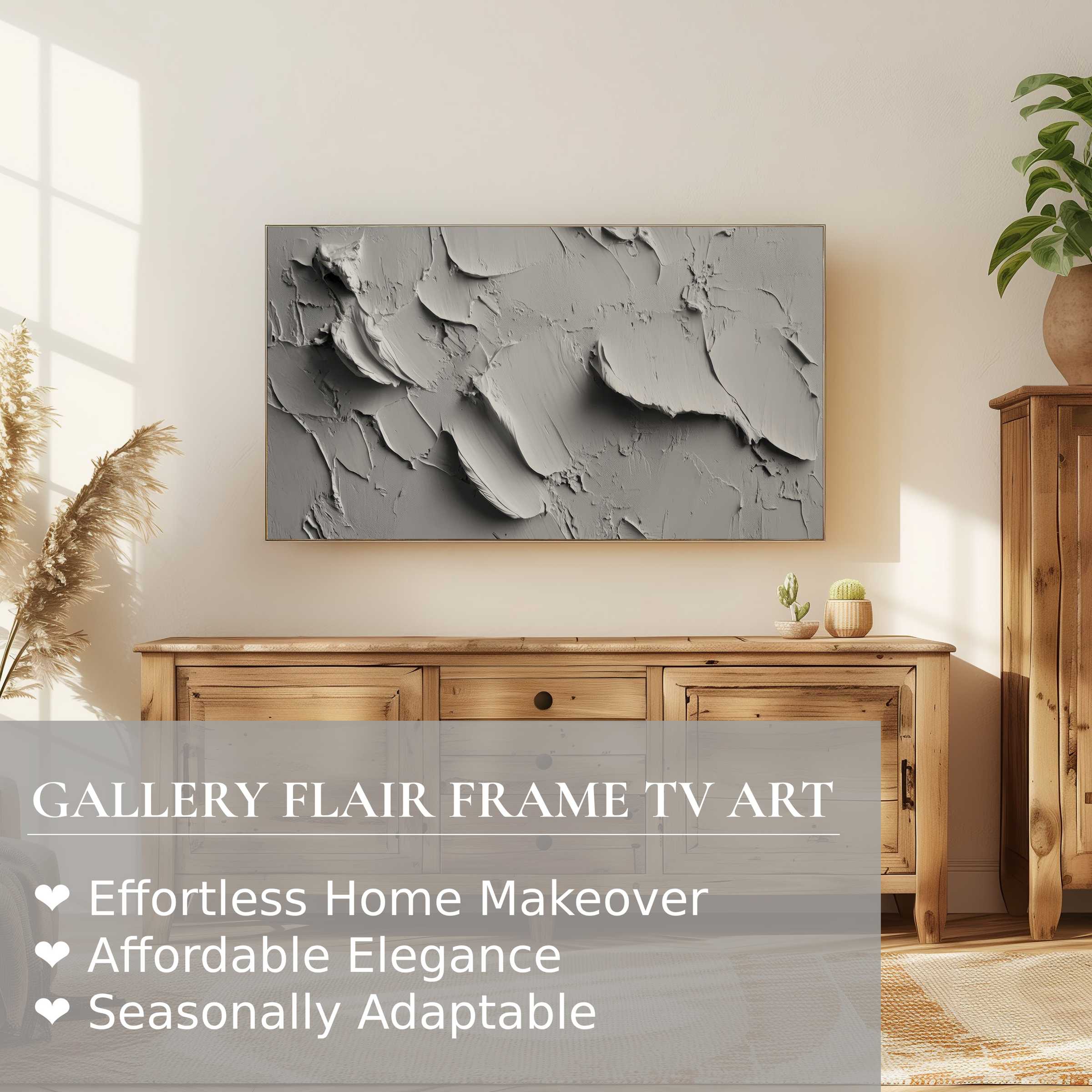 Modern living room with neutral digital artwork on Samsung Frame TV, blending textured elegance and warm natural decor