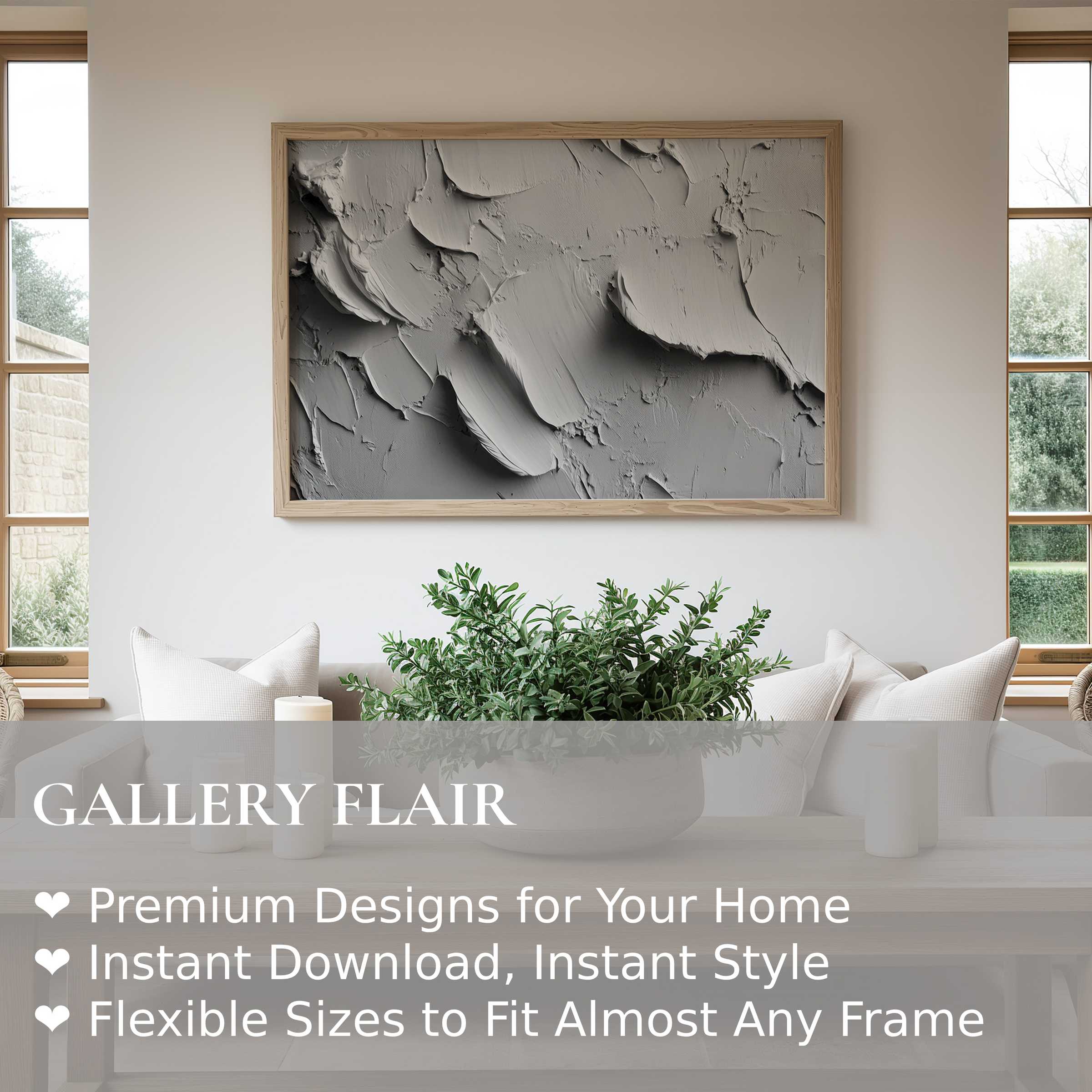 Neutral wall art print featuring textured gray abstract strokes, adding a serene, modern touch to minimalist interiors with natural light and organic accents