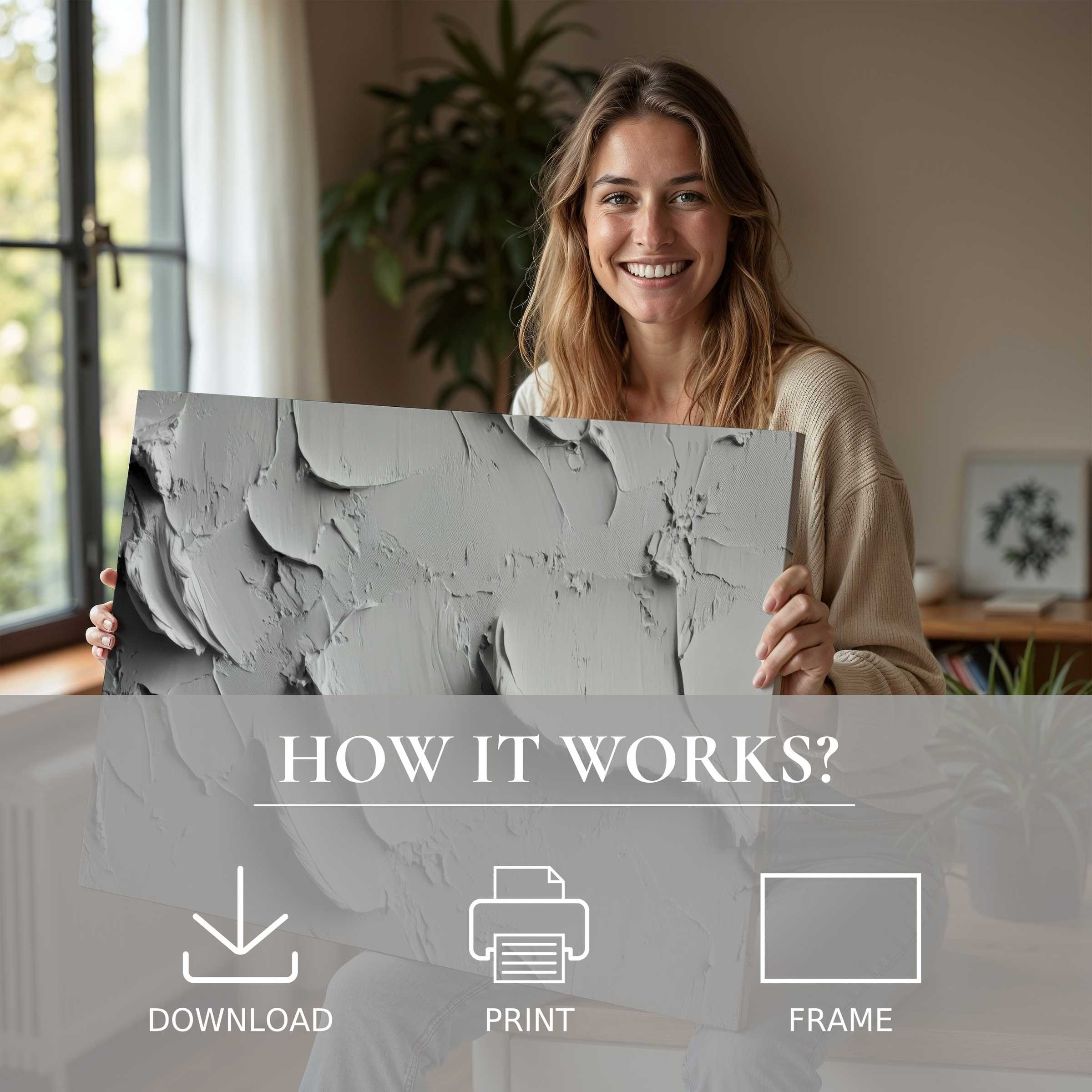 A serene moment capturing the joy of living with a neutral digital art print, effortlessly elevating modern home style