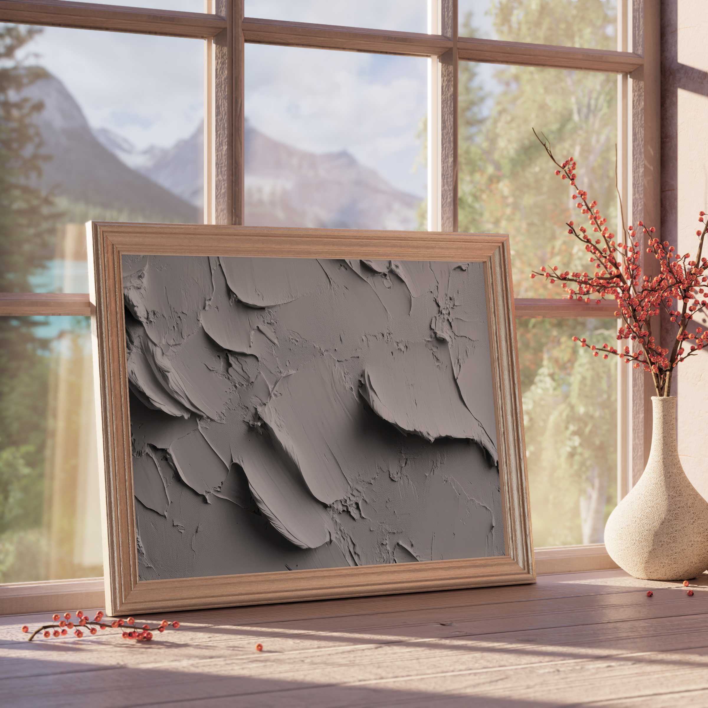 Neutral downloadable art with textured gray strokes framed in warm wood, evoking calm and curated elegance in refined interiors