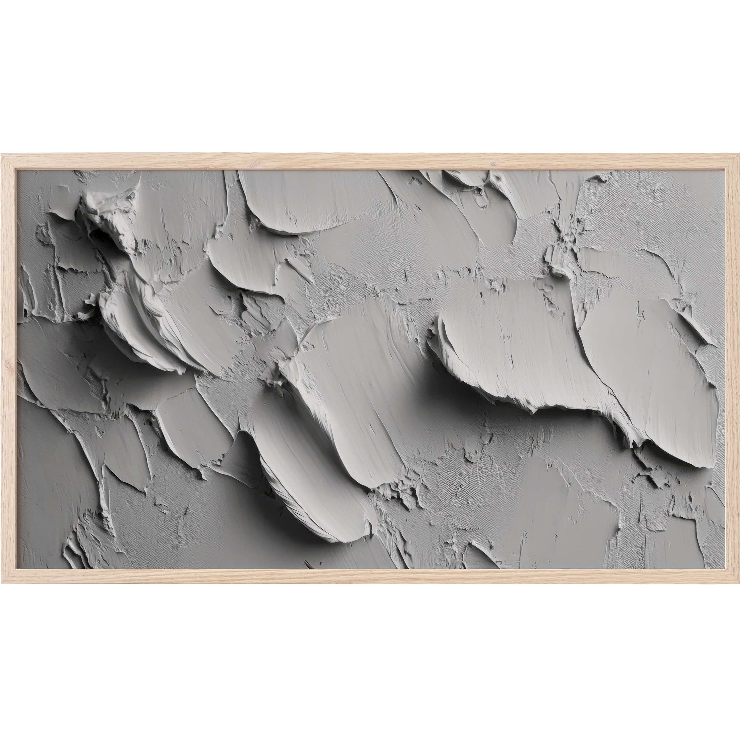Elegant neutral Frame TV Art featuring textured gray plaster strokes in a modern, minimalist style with a light wood frame