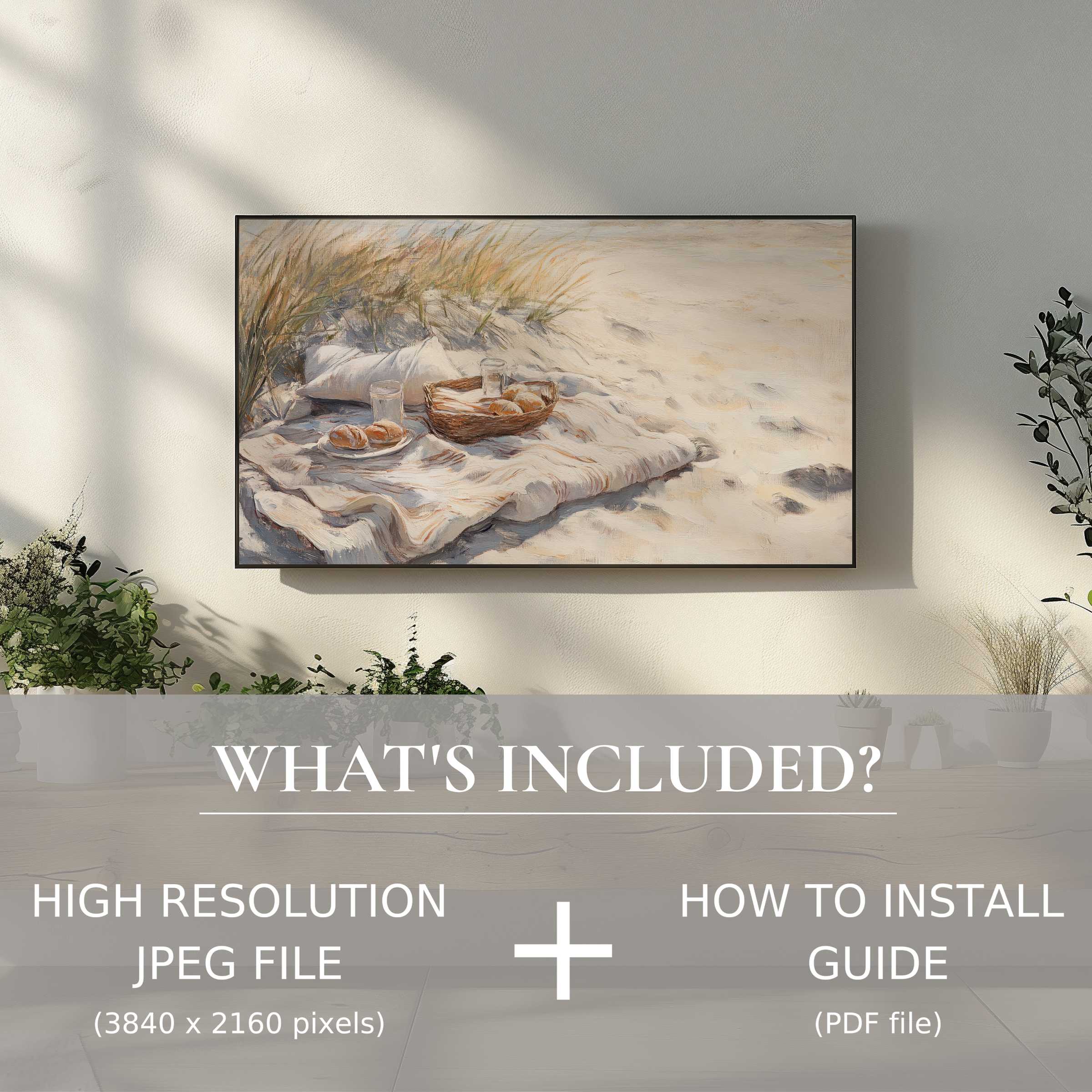 Elegant beach digital TV art download enhances living space with easy digital use for chic, modern home decor lovers