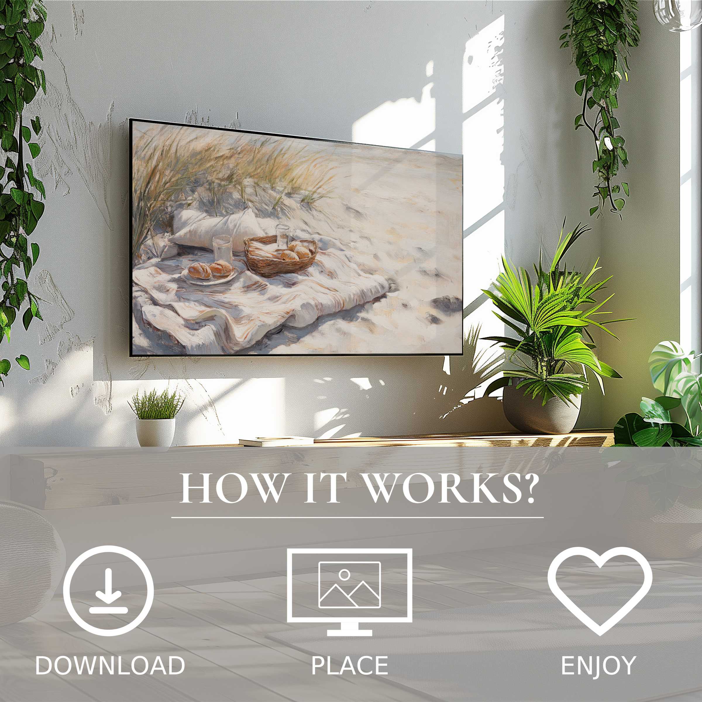 Bright living room with tropical plants and beach art for Samsung TV showing soft sandy tones, easy digital download decor