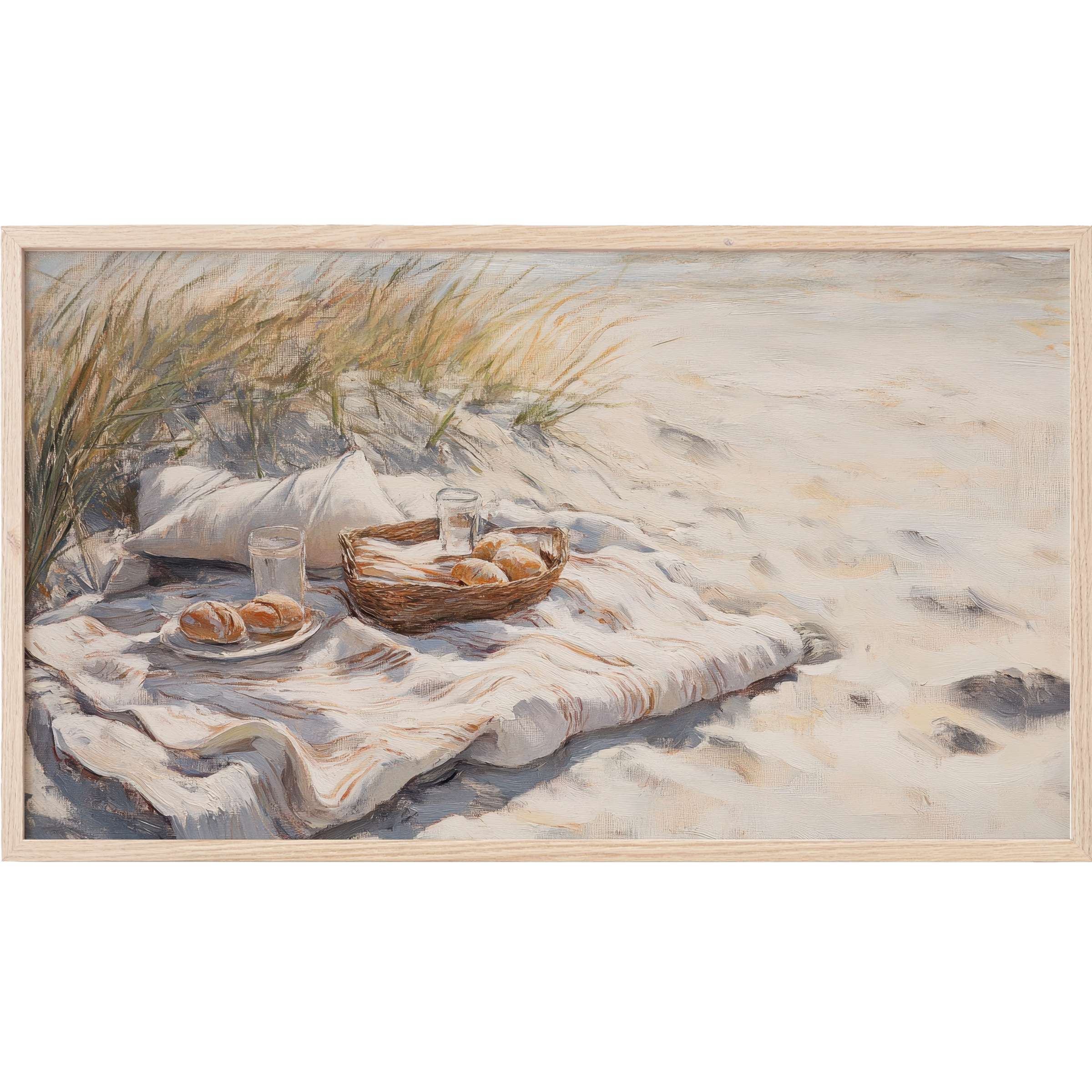 Soft, sunlit picnic scene on sandy dunes with natural hues and texture, perfect beach Frame TV Art for serene spaces