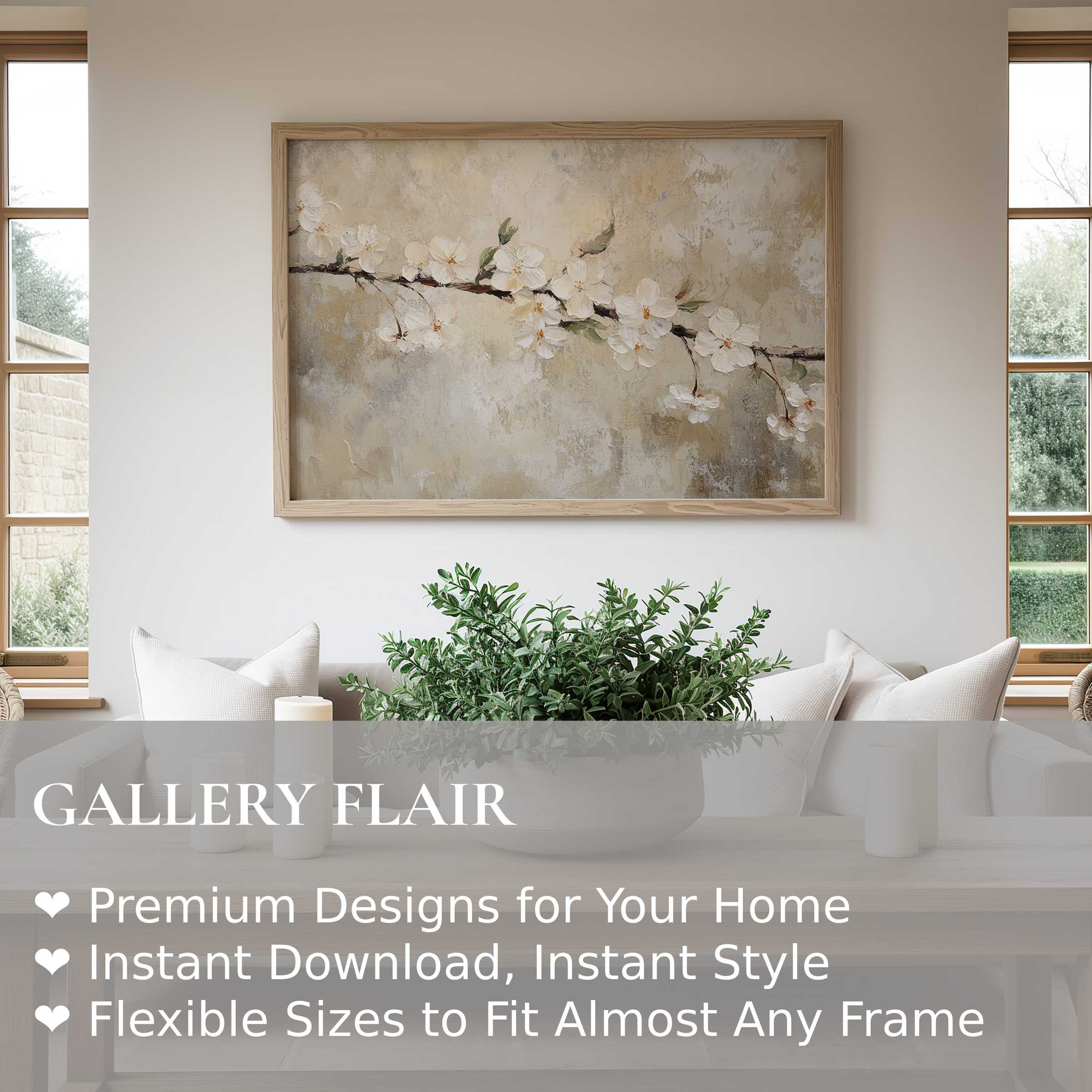 Spring wall art print featuring delicate white blossoms on a textured branch, enhancing serene, modern minimalist living spaces with soft, natural elegance