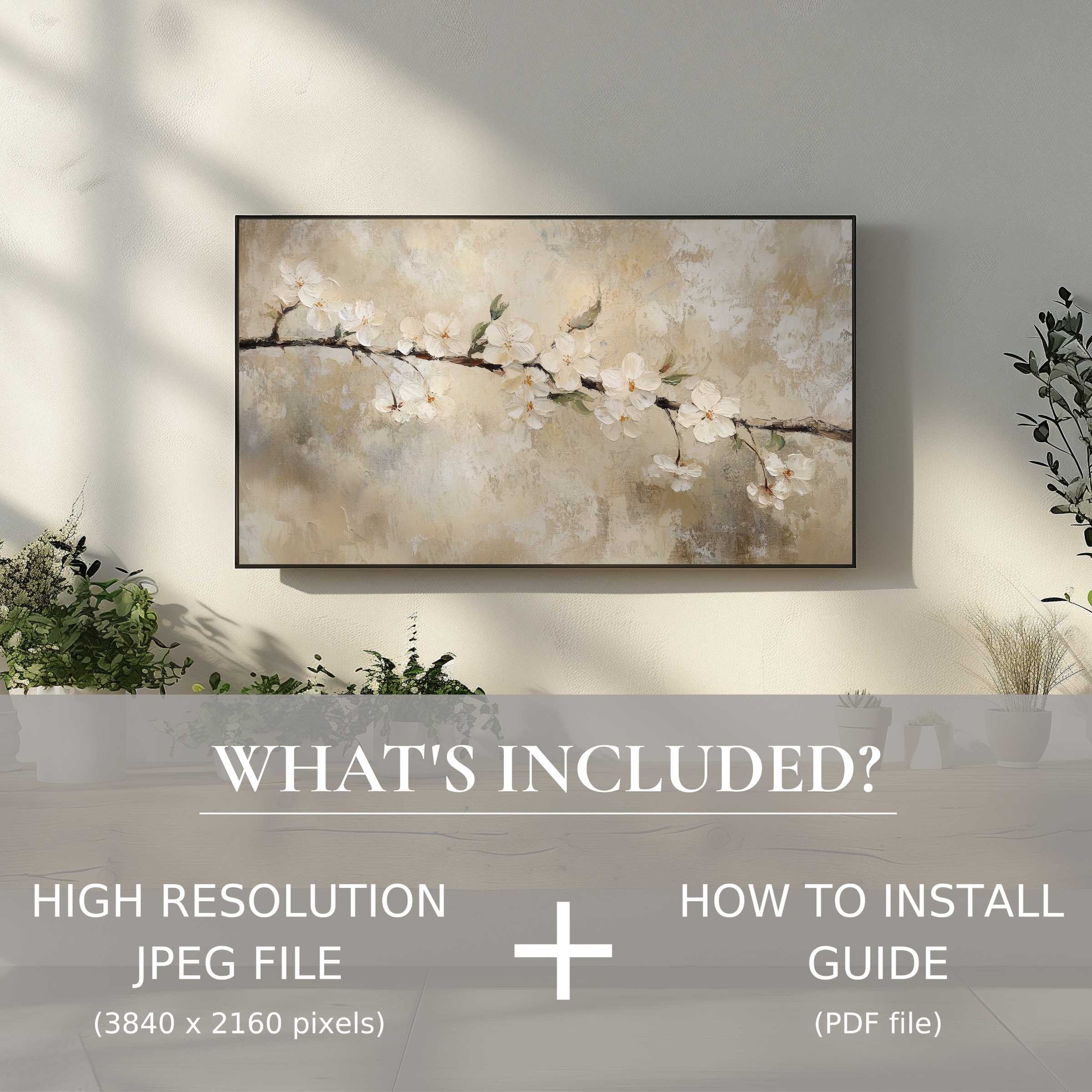 Sophisticated living room with spring digital TV art download, easy to use, enhancing space with elegant floral artwork