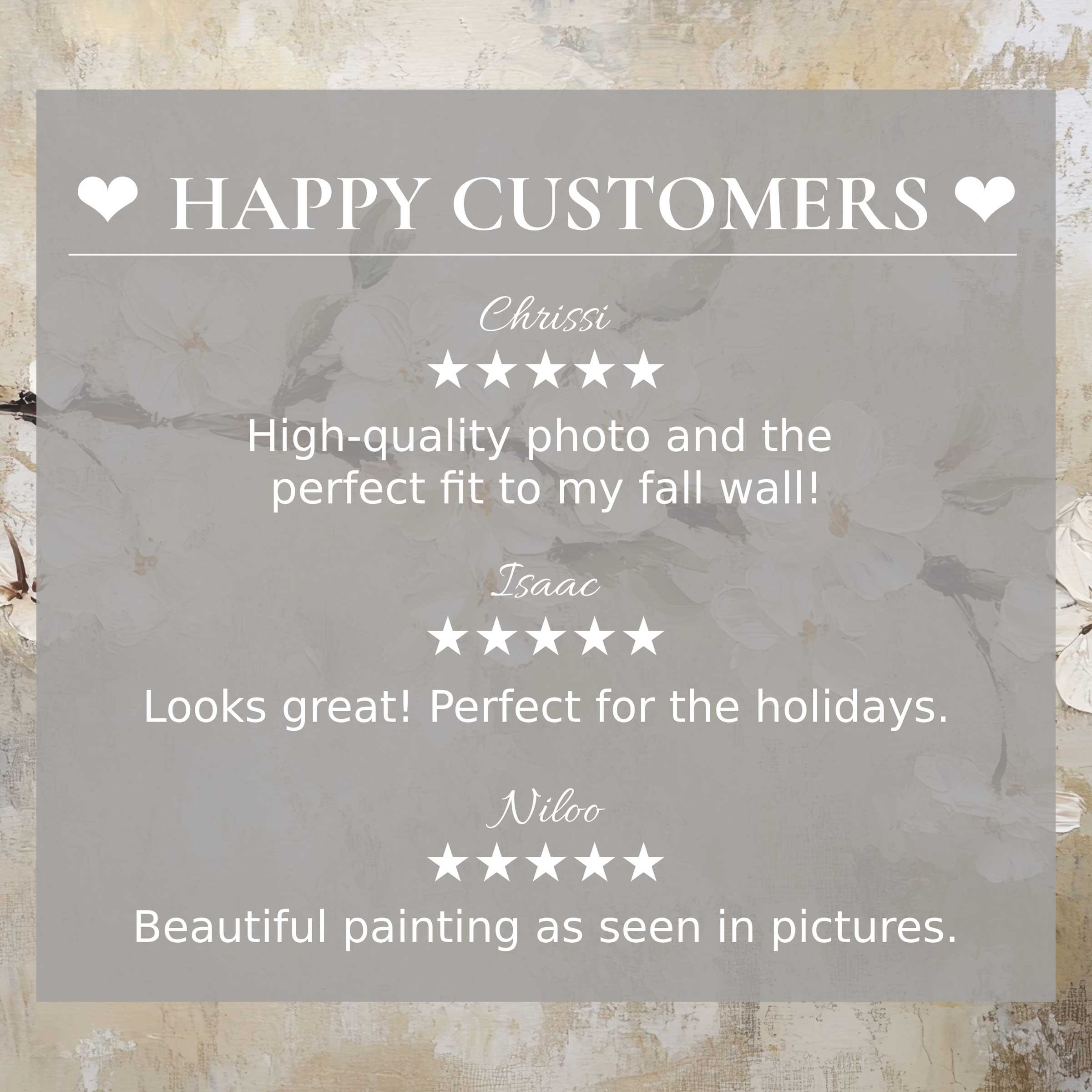 Elegant spring art for Frame TV with subtle floral background, showcasing happy customer reviews to inspire trust