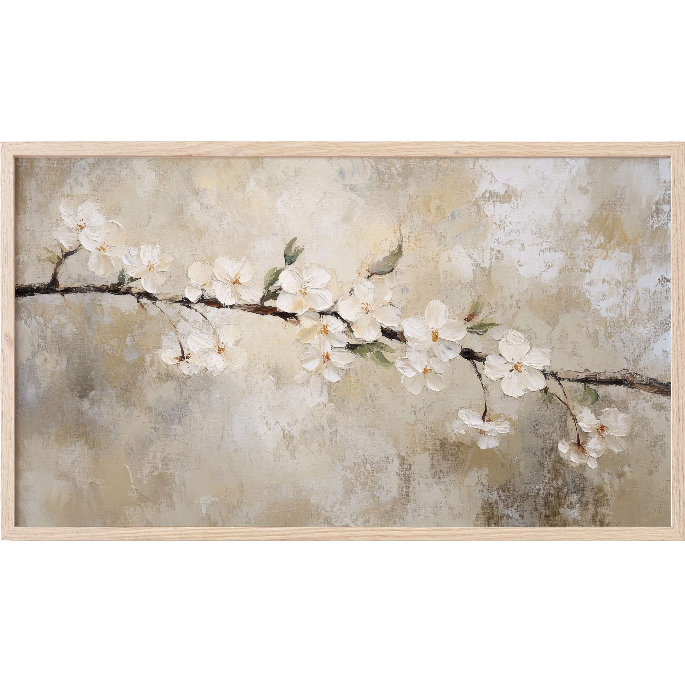 Elegant spring Frame TV Art featuring textured white blossoms on a delicate branch with soft beige and gray tones