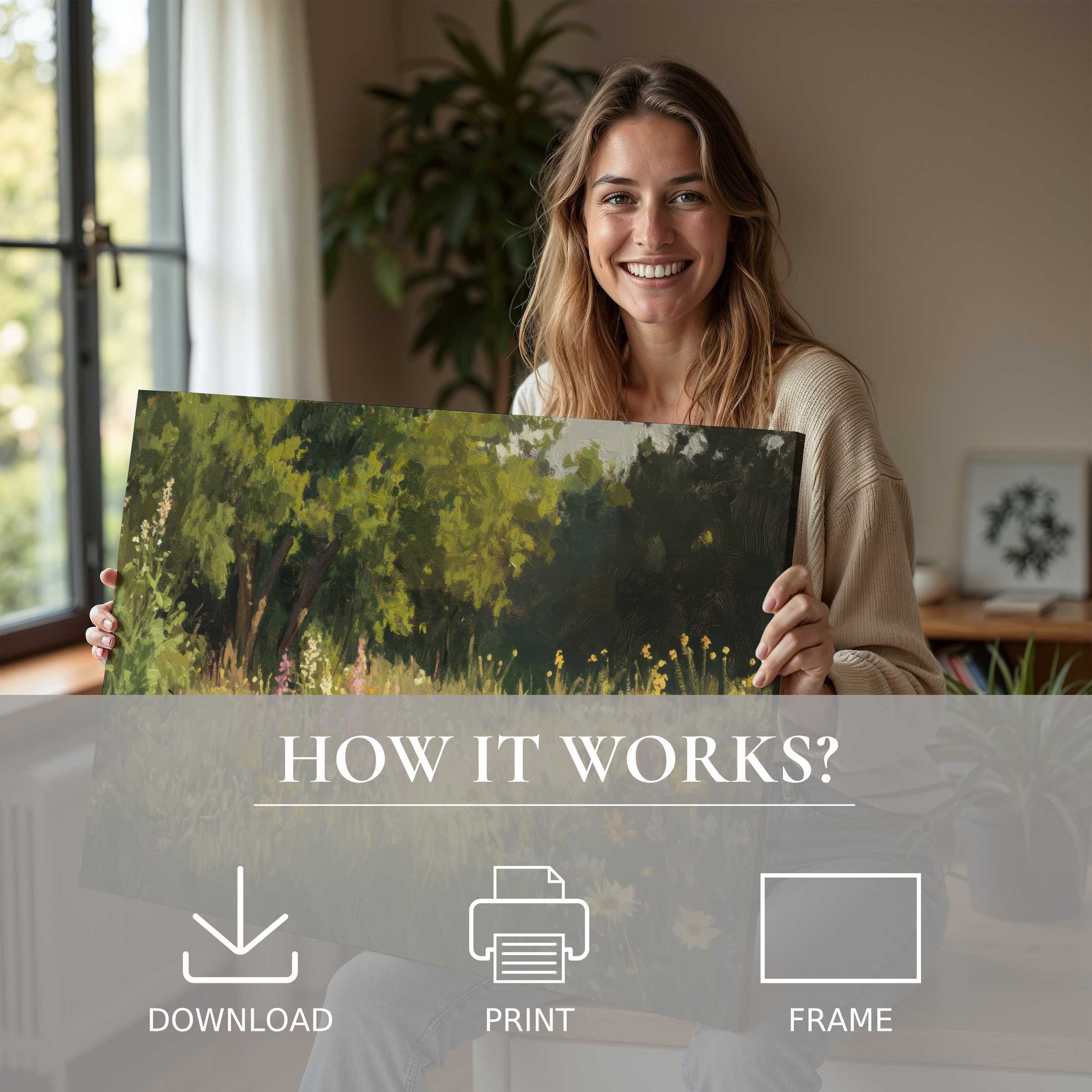 Radiating warmth and joy, this summer digital art print transforms a modern home with serene, lush greenery-effortless elegance in every frame