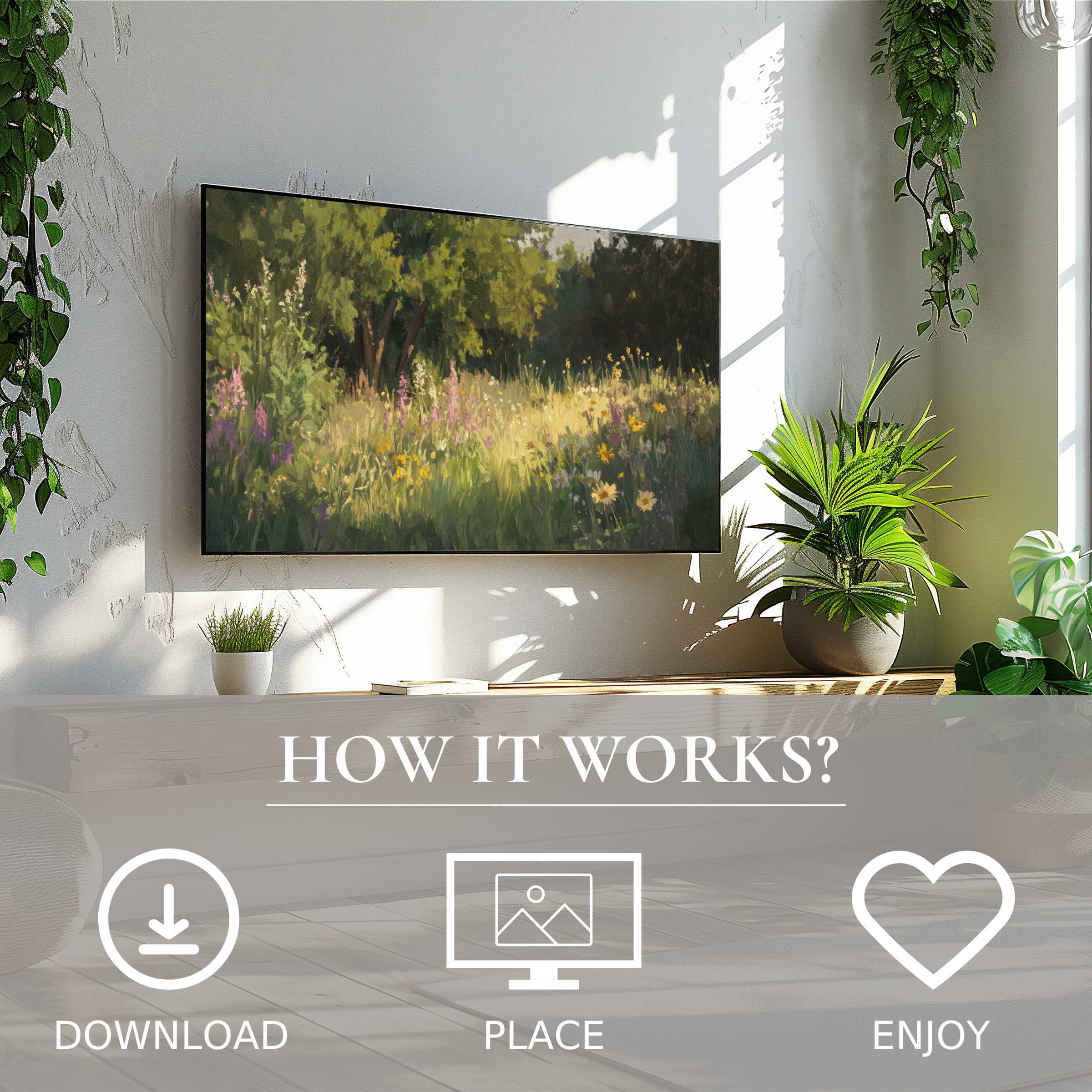 Summer art for Samsung TV shows soft wildflower meadow tones; easy digital download enriches modern, light-filled living spaces