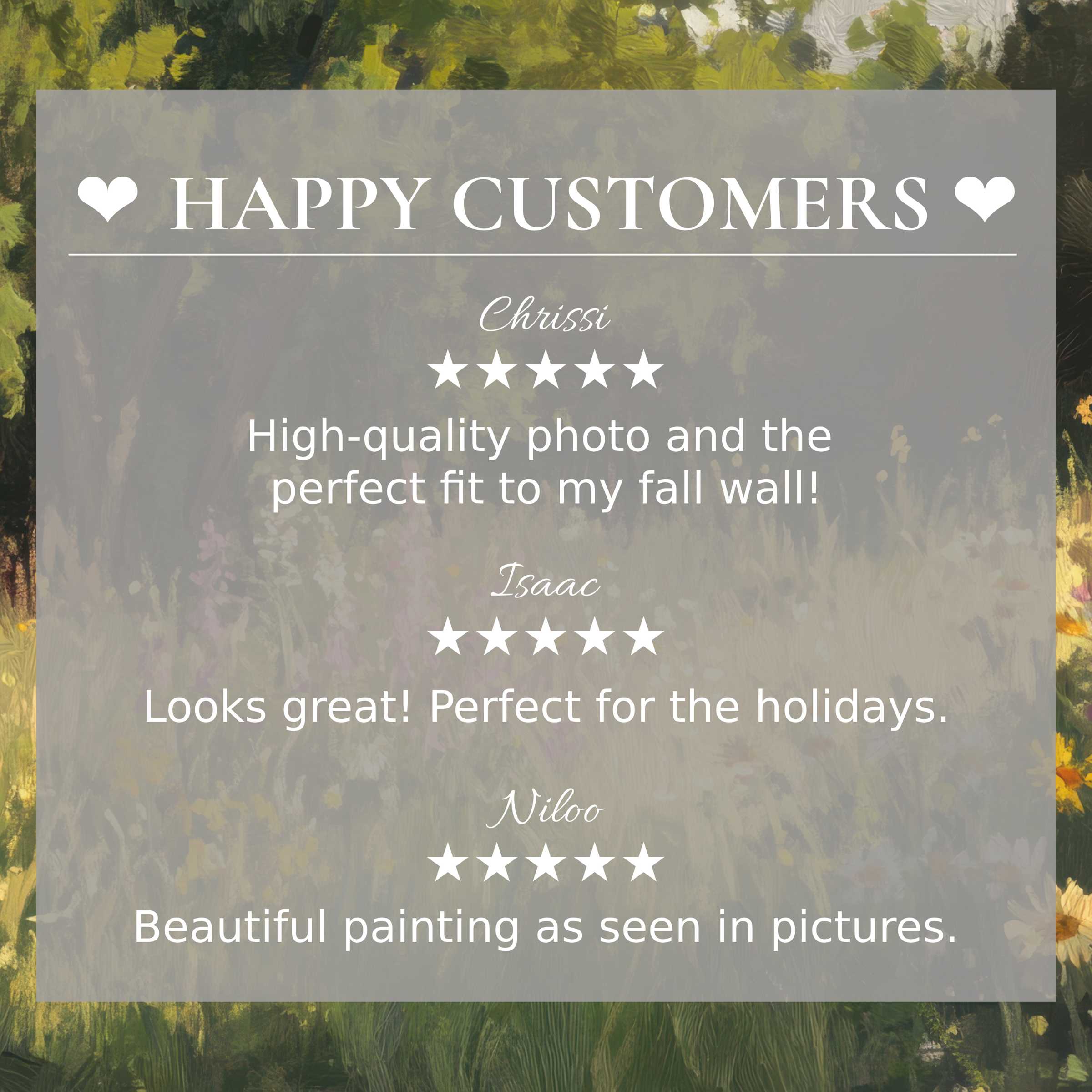 Elegant summer art for Frame TV with abstract forest hues, showcasing happy customer reviews that build trust and style appeal