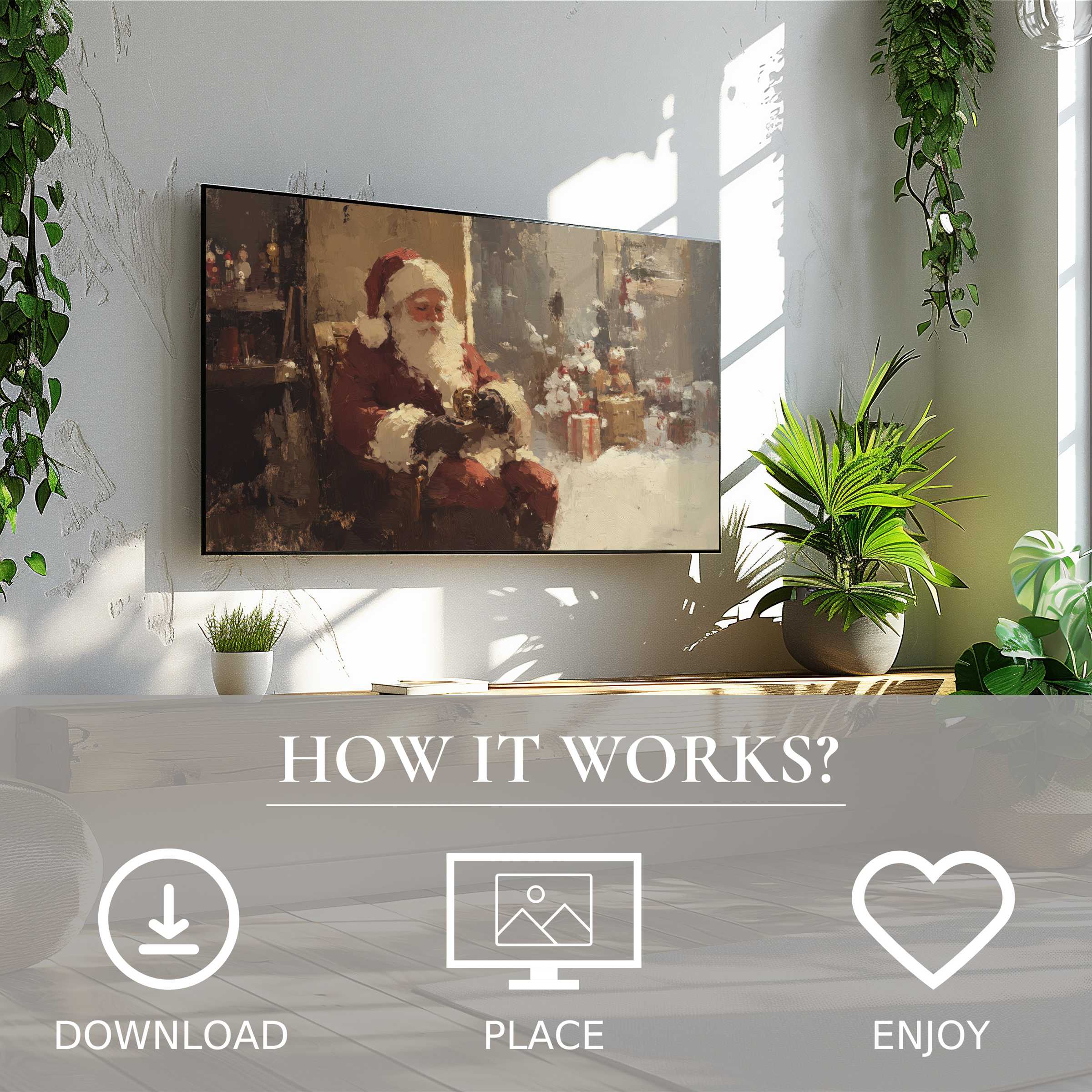 Modern living room with Christmas art for Samsung TV, showing warm Santa tones; easy digital download enriches space