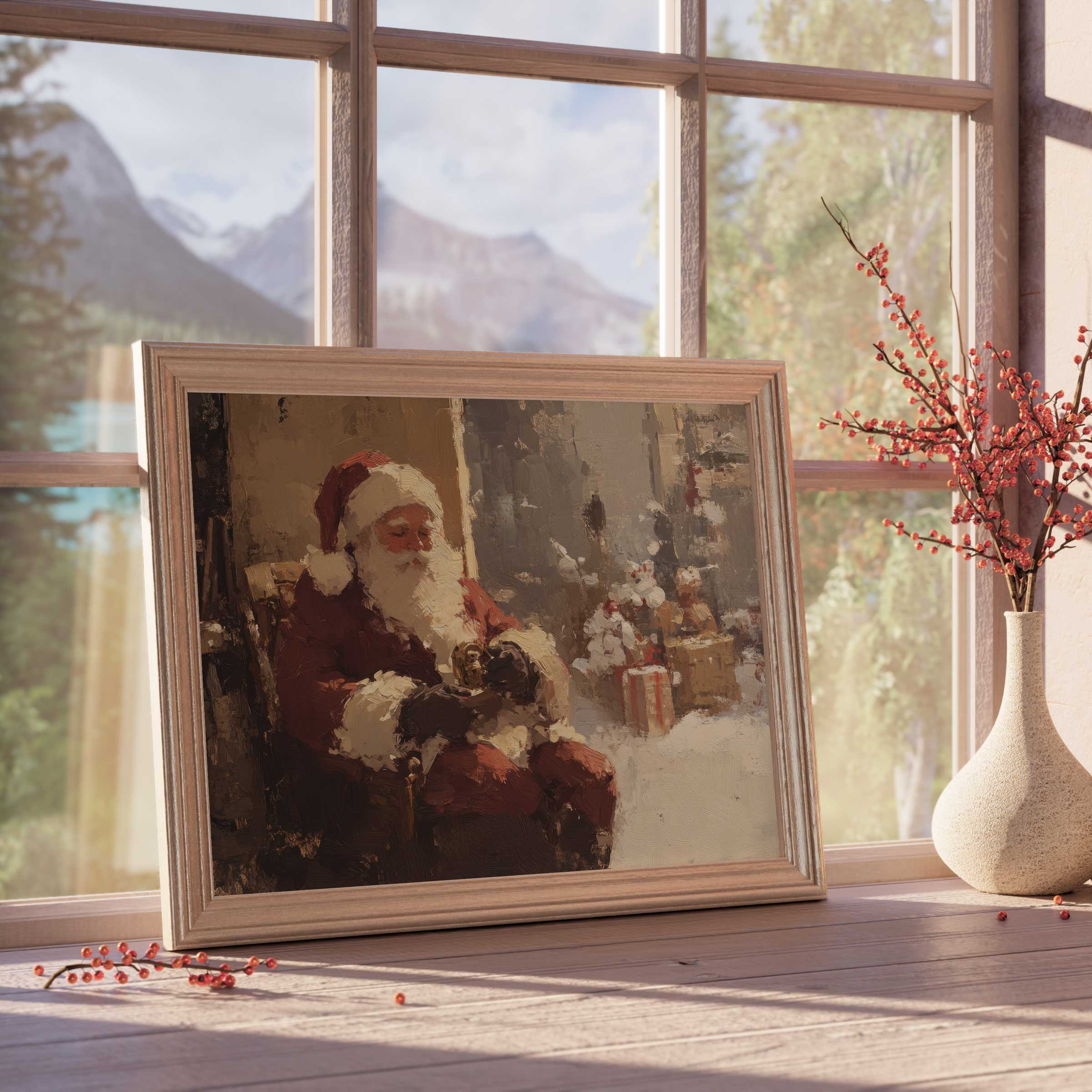 Christmas downloadable art capturing Santa’s serene moment, enriching elegant homes with warm holiday charm and festive cozy vibes