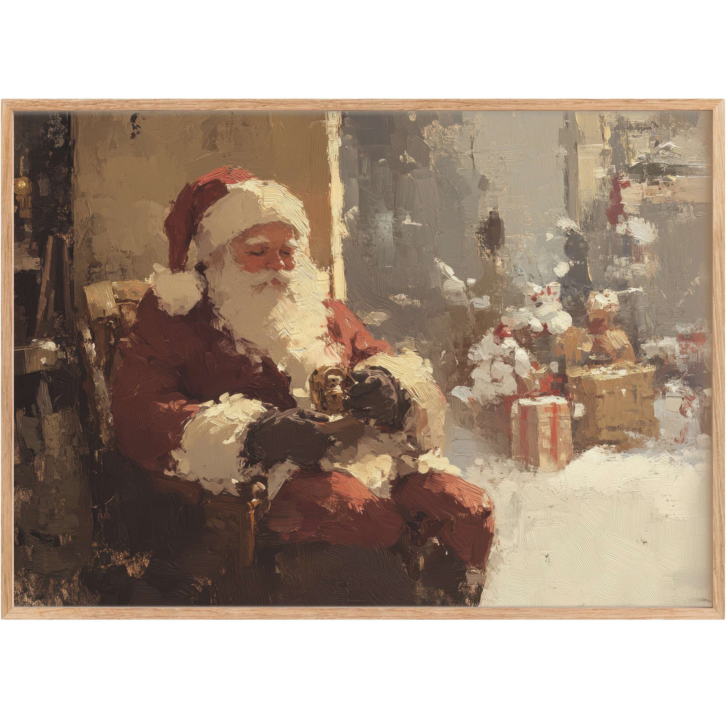 Warm and nostalgic Christmas printable wall art featuring a serene Santa in rustic reds and soft neutrals, evoking cozy holiday charm