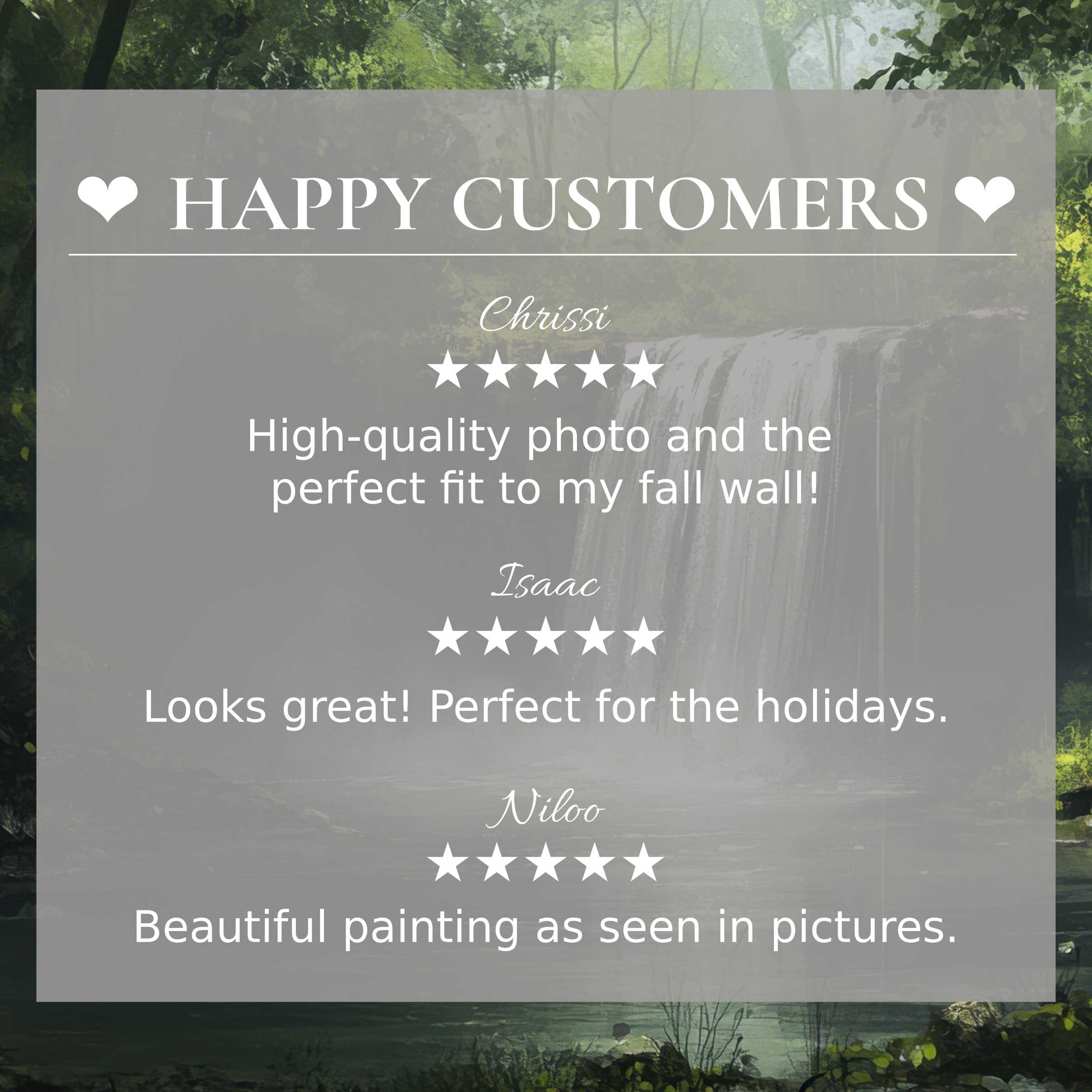Vintage art for Frame TV with serene waterfall background, showcasing happy customer reviews and elegant, trusted design