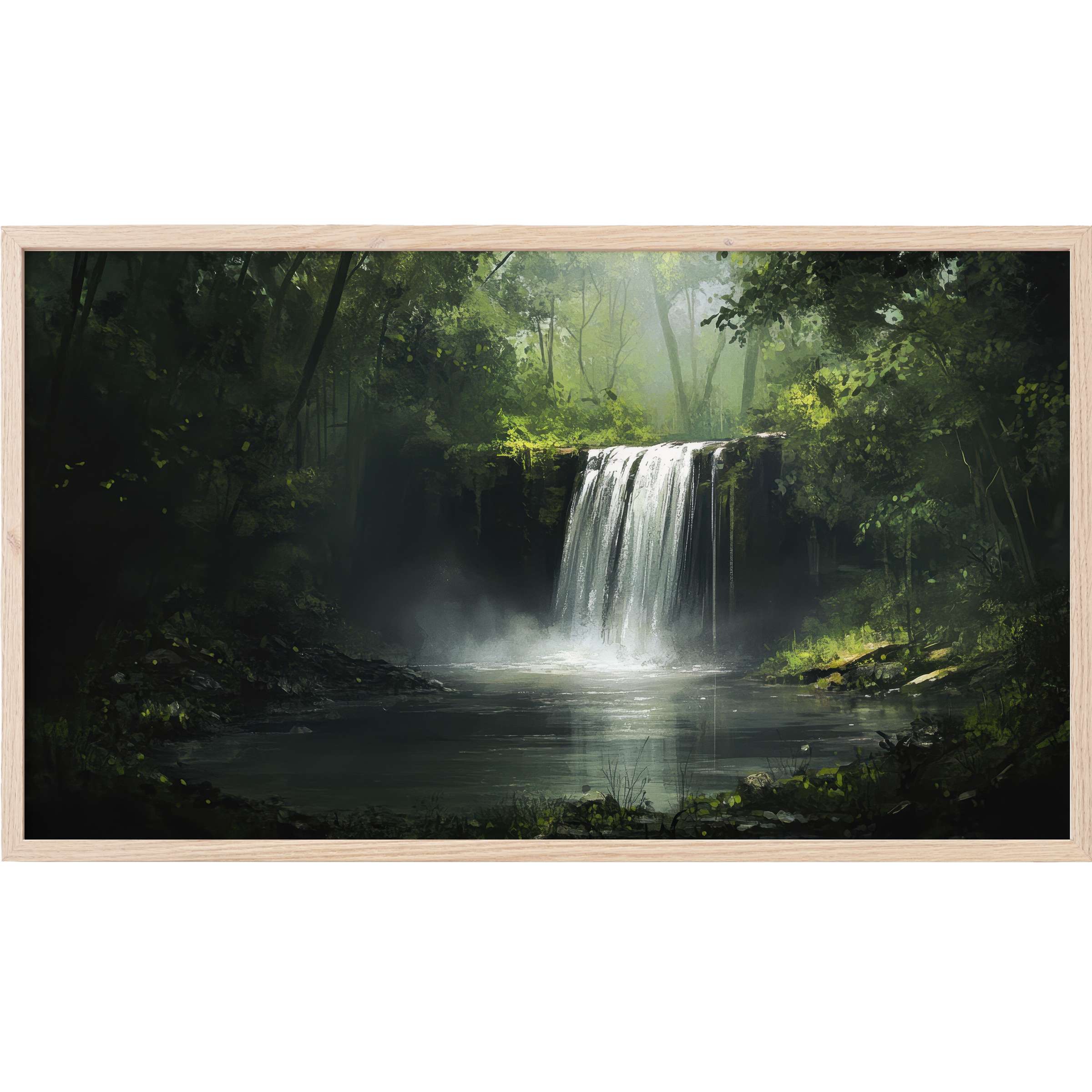 Vintage Frame TV Art of a serene waterfall bathed in soft light with rich greens and misty ambiance
