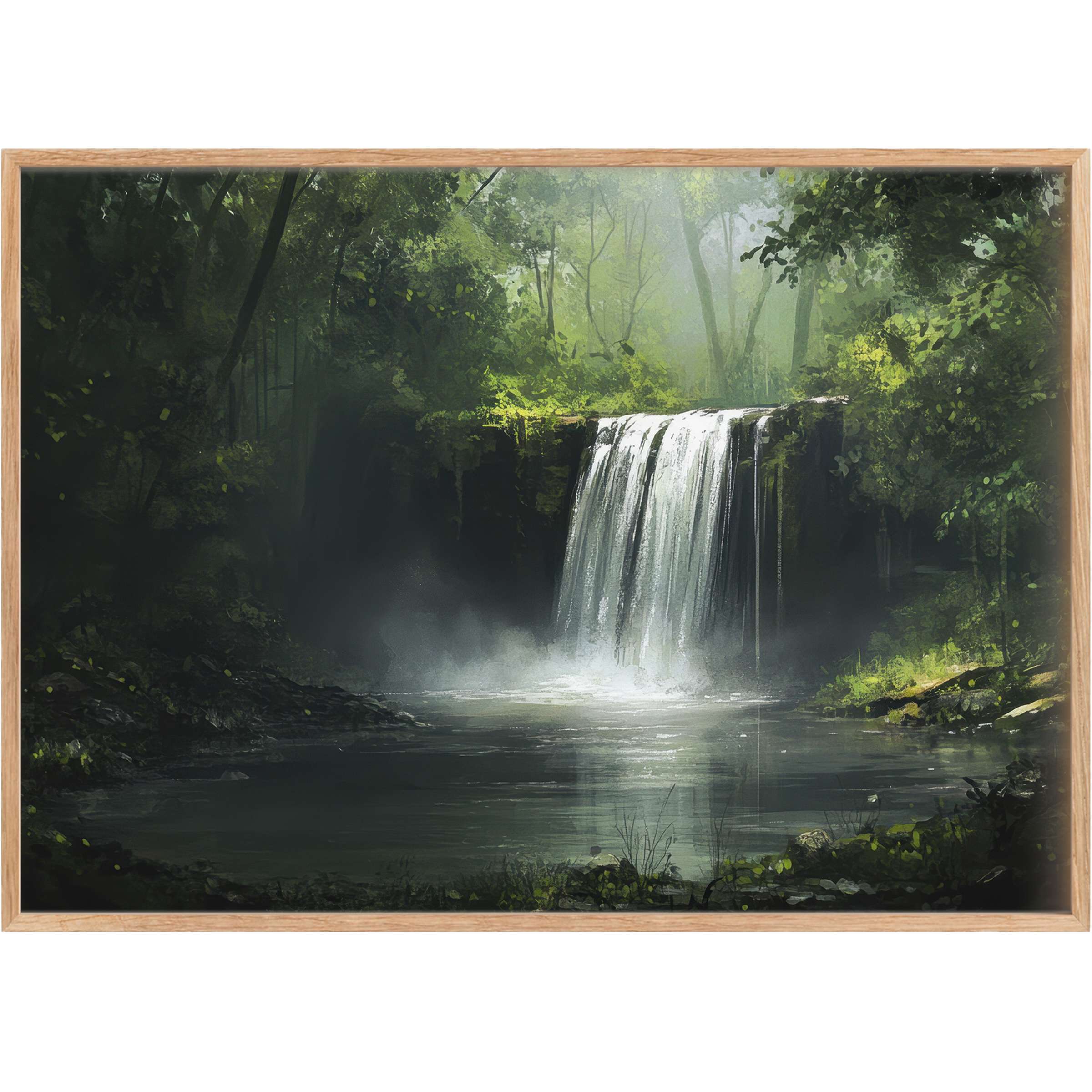 Vintage printable wall art capturing a serene waterfall bathed in lush greens, evoking calm and timeless natural elegance
