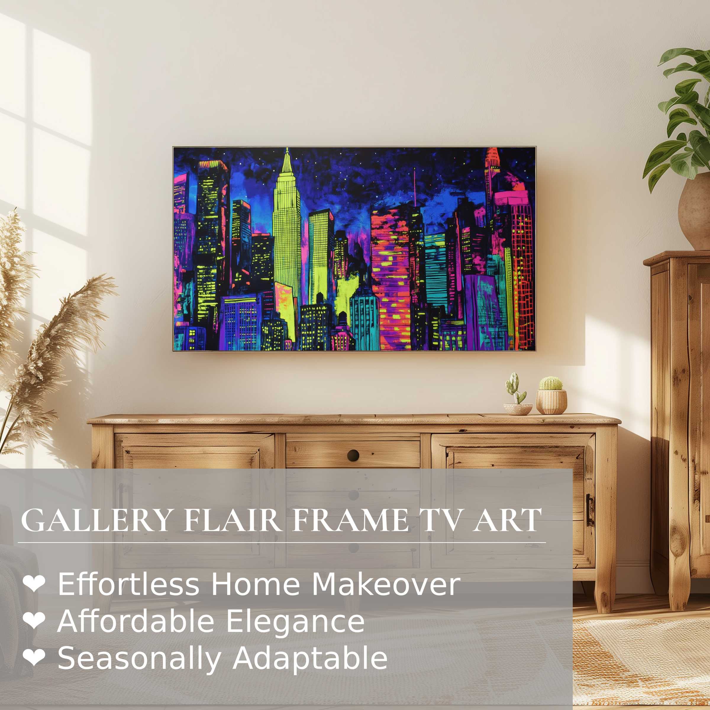 Modern living room with Samsung Frame TV displaying vibrant pop art digital artwork of a neon cityscape at night