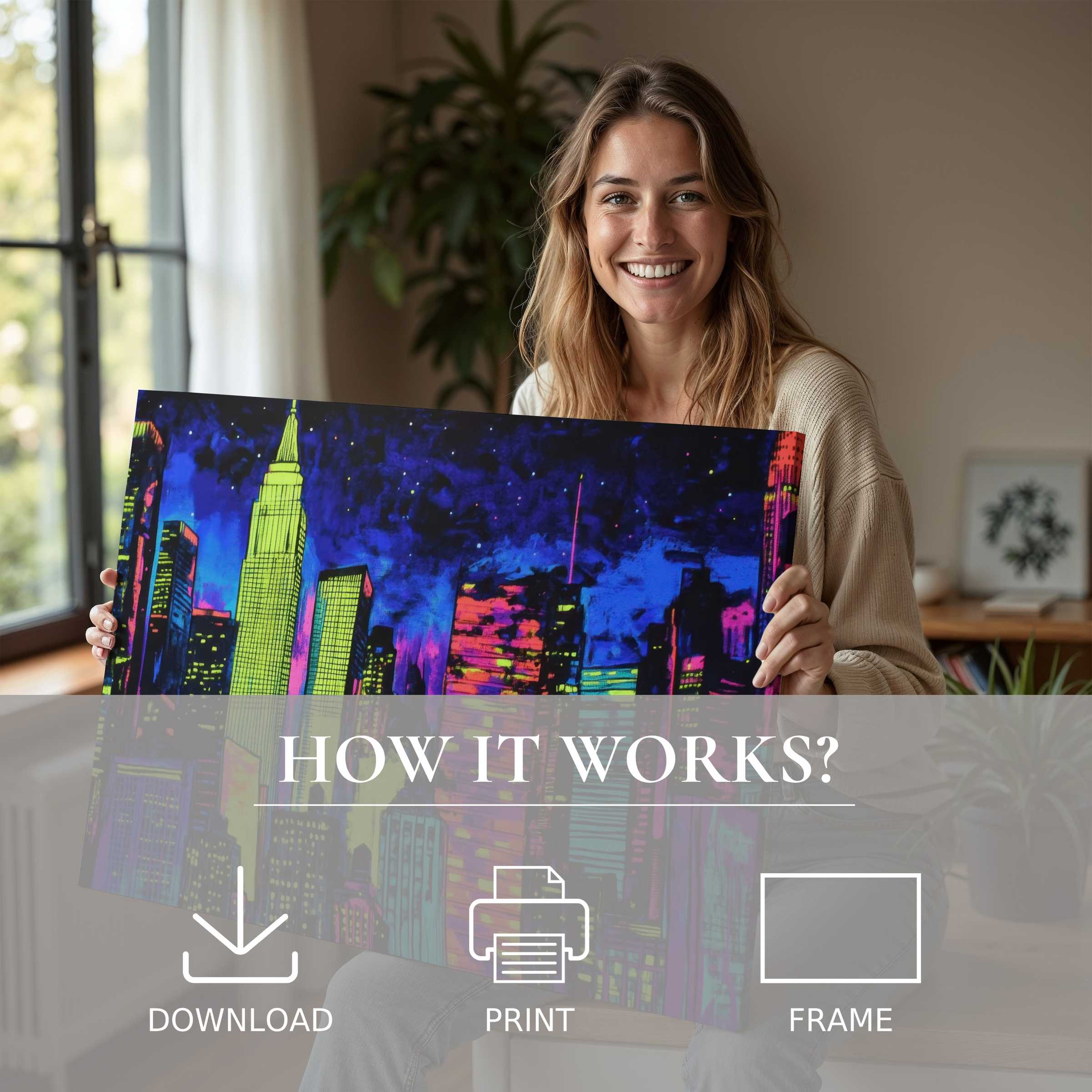 A radiant moment of connection and joy with vibrant pop art digital art print, effortlessly elevating modern living spaces