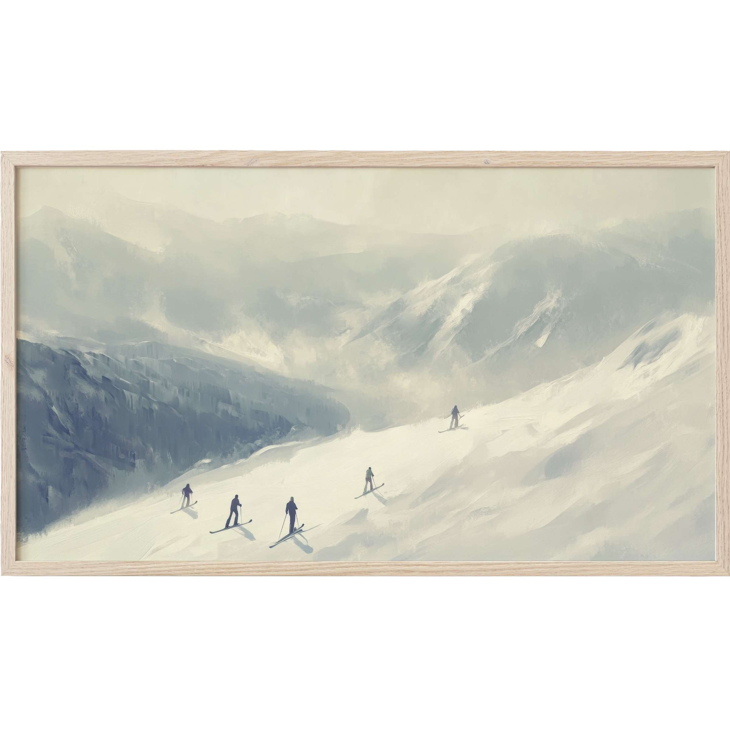 Winter Frame TV Art with misty mountains and skiers, rendered in soft blues and muted whites for a serene modern look
