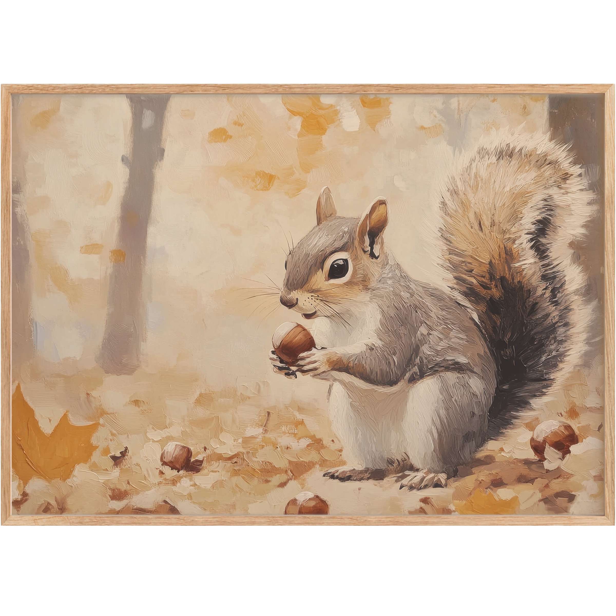 Charming fall printable wall art featuring a squirrel amid golden leaves, evoking a warm, inviting autumnal calm