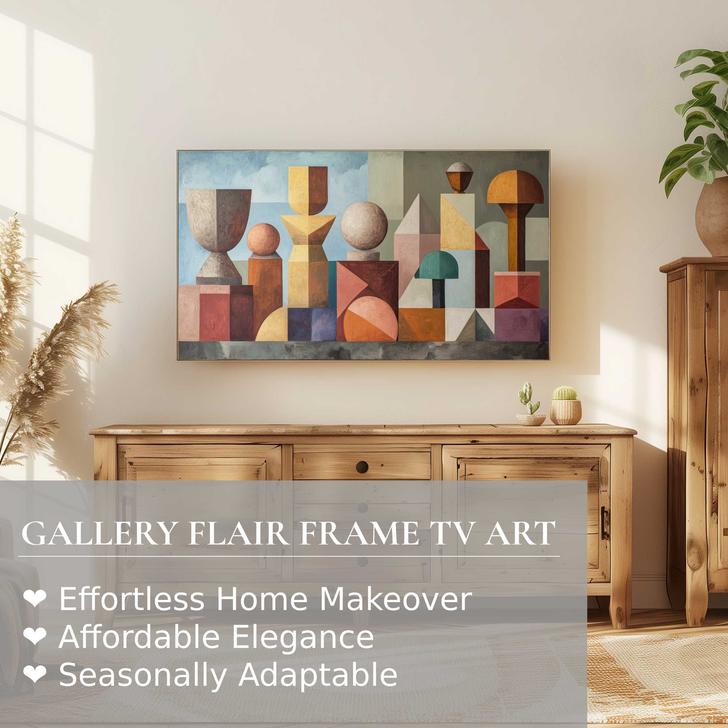Samsung Frame TV displays boho digital artwork in warm geometric tones, enhancing a sleek, natural boho living space