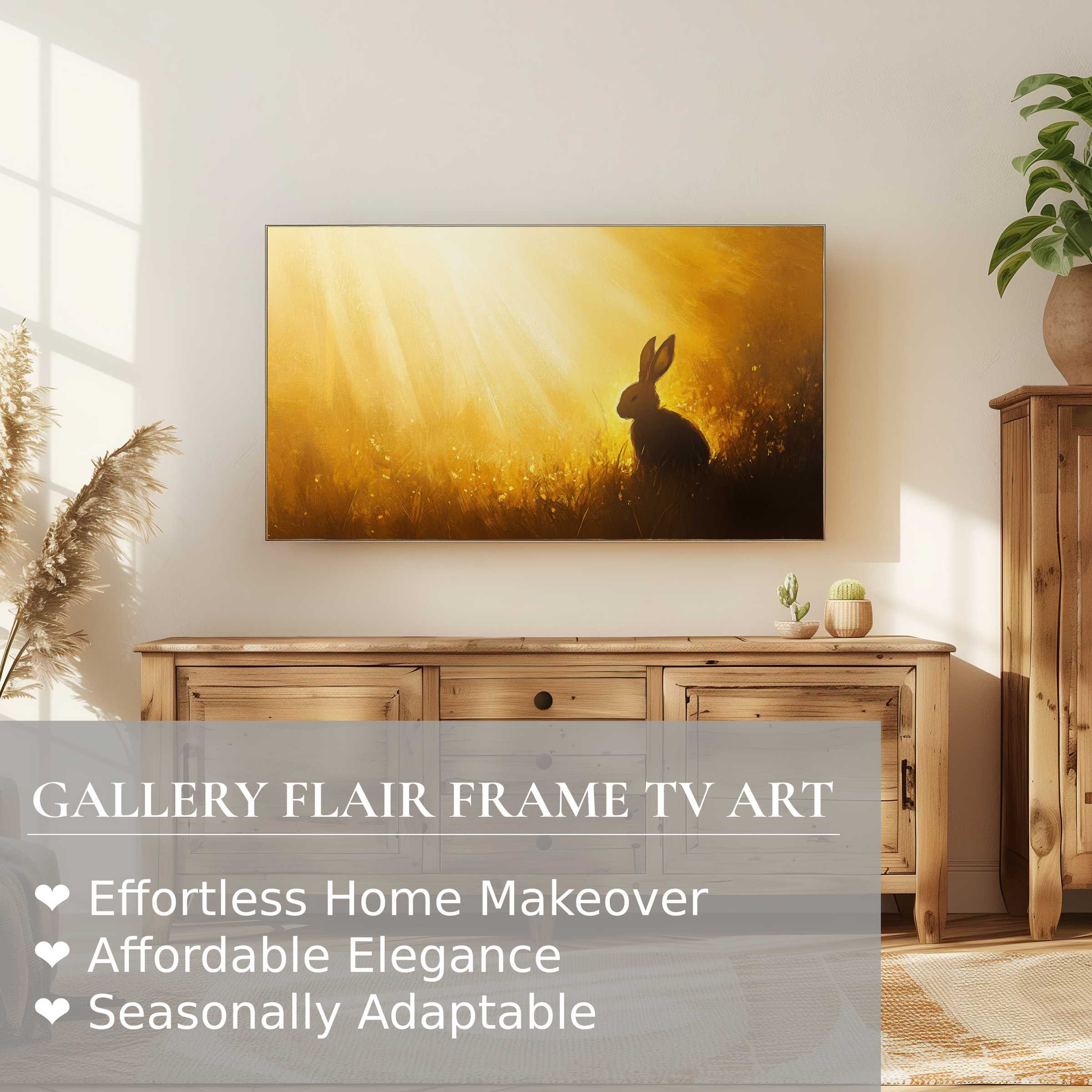 Samsung Frame TV displaying warm, golden easter digital artwork with a bunny, enhancing elegant modern home decor