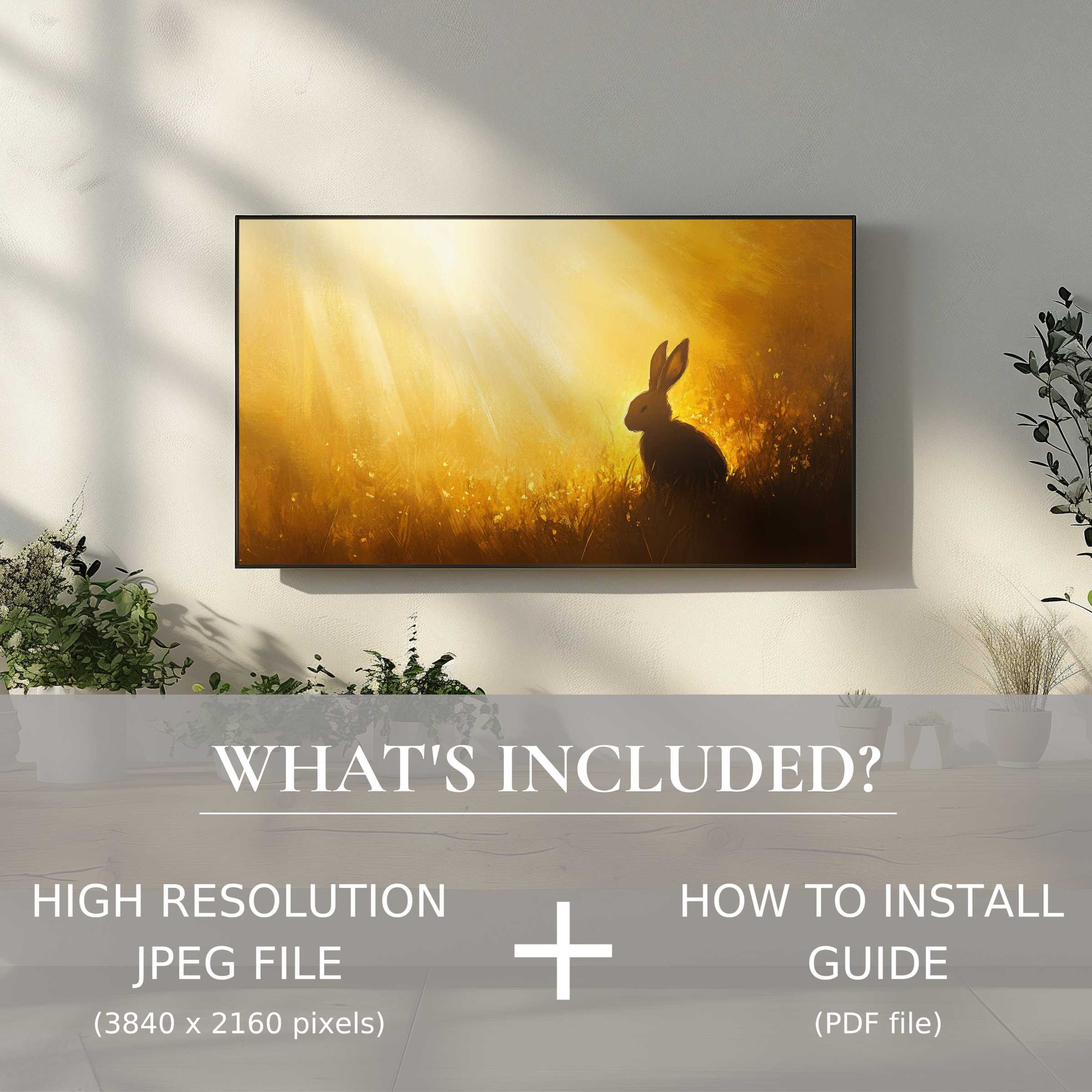 Elegant living room with easter digital TV art download showing soft sunrise bunny, enhancing space with easy digital use
