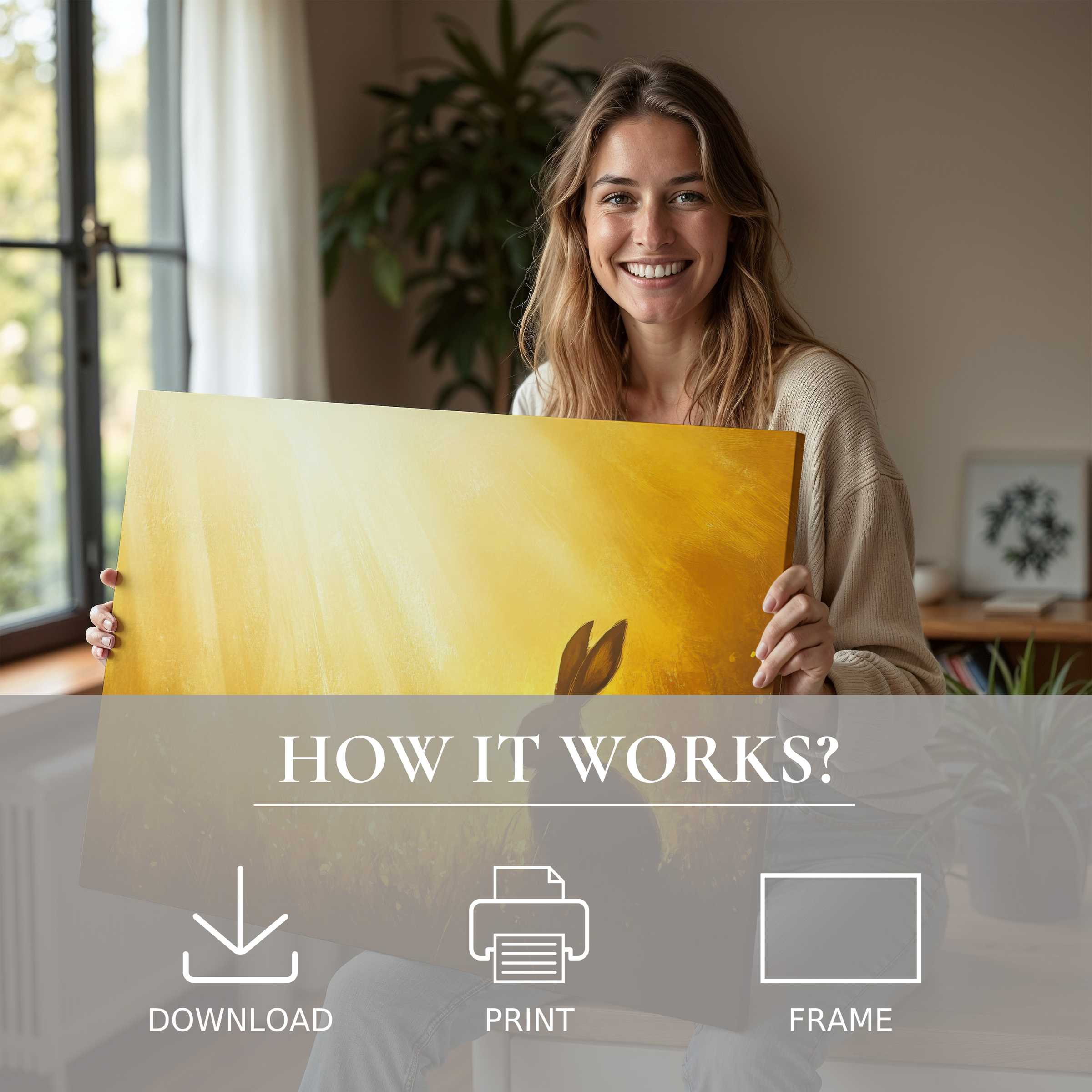 A joyful moment of serene connection as she showcases a radiant Easter digital art print, embodying effortless elegance in modern home decor