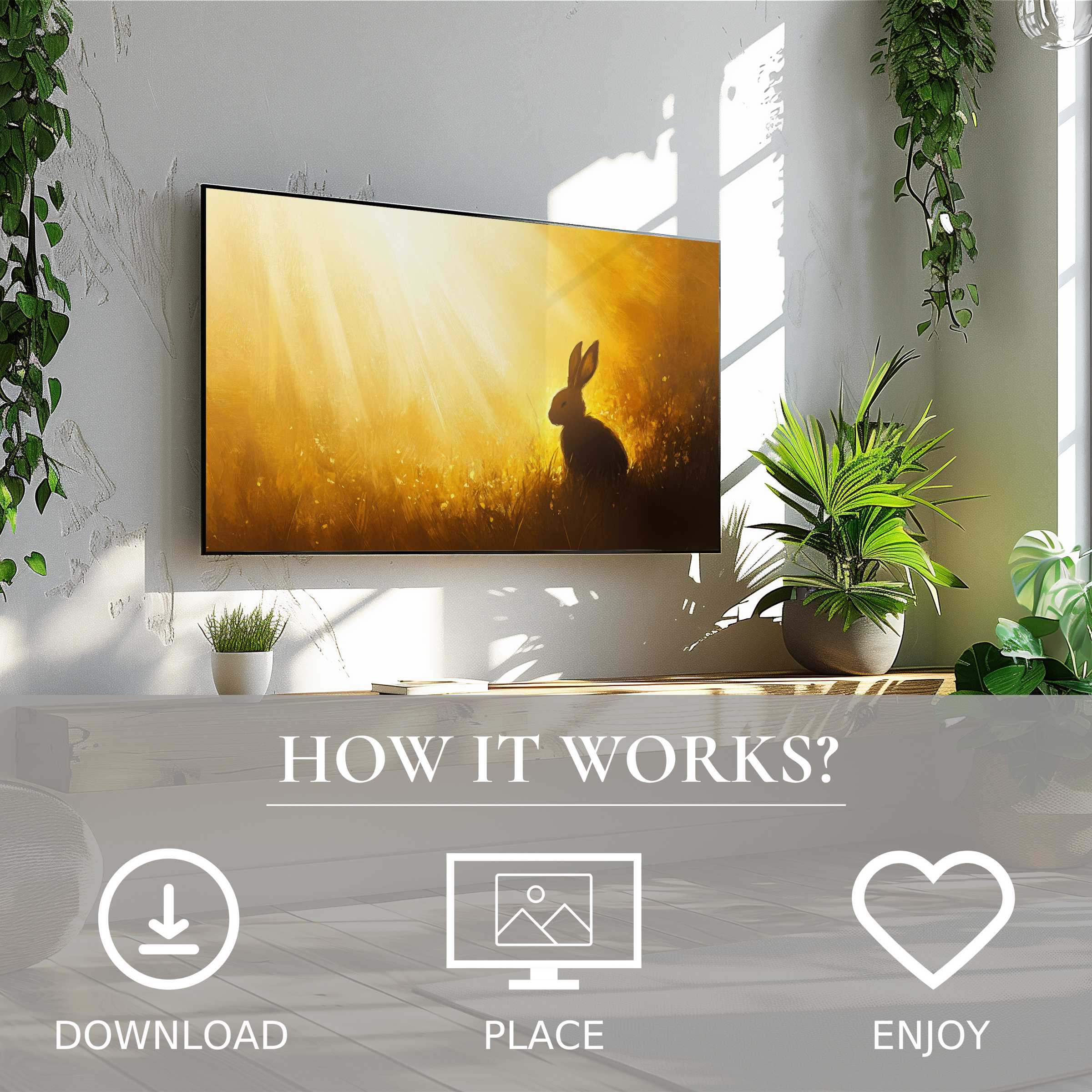 Modern living room with easter art for Samsung TV featuring warm light and rabbit silhouette, easy digital download