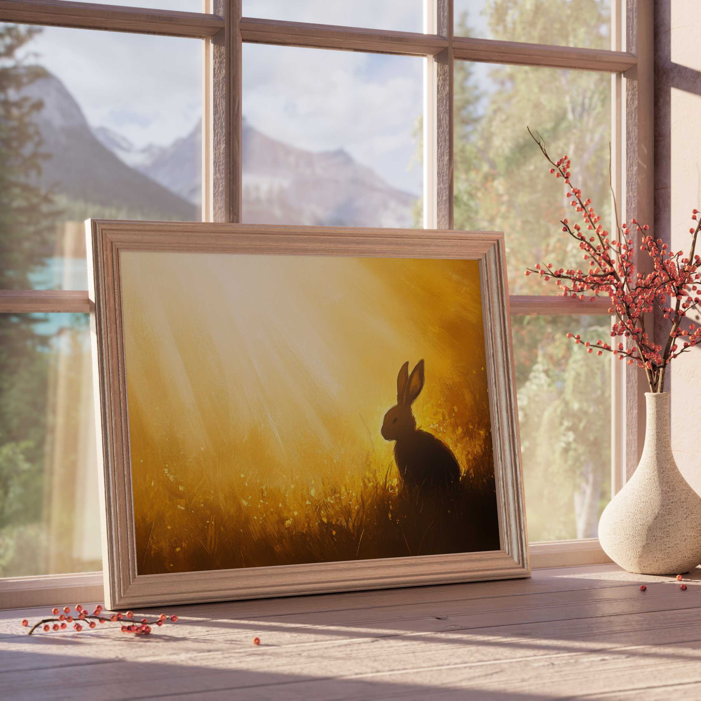 Elegant easter downloadable art featuring a tranquil rabbit silhouette bathed in warm golden light, perfect for curated modern interiors