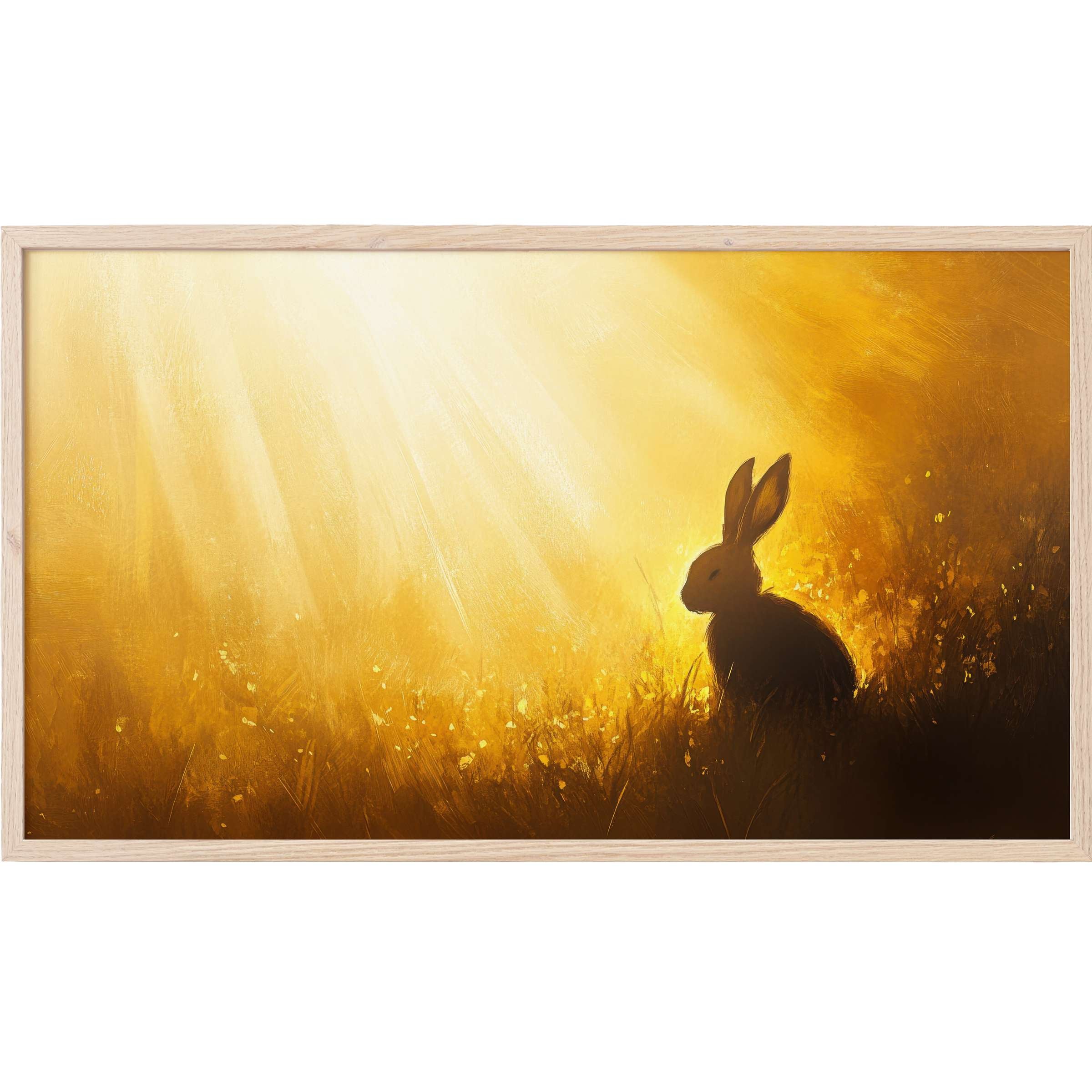 Elegant easter Frame TV Art with warm golden light bathing a serene rabbit silhouette in a modern, textured style