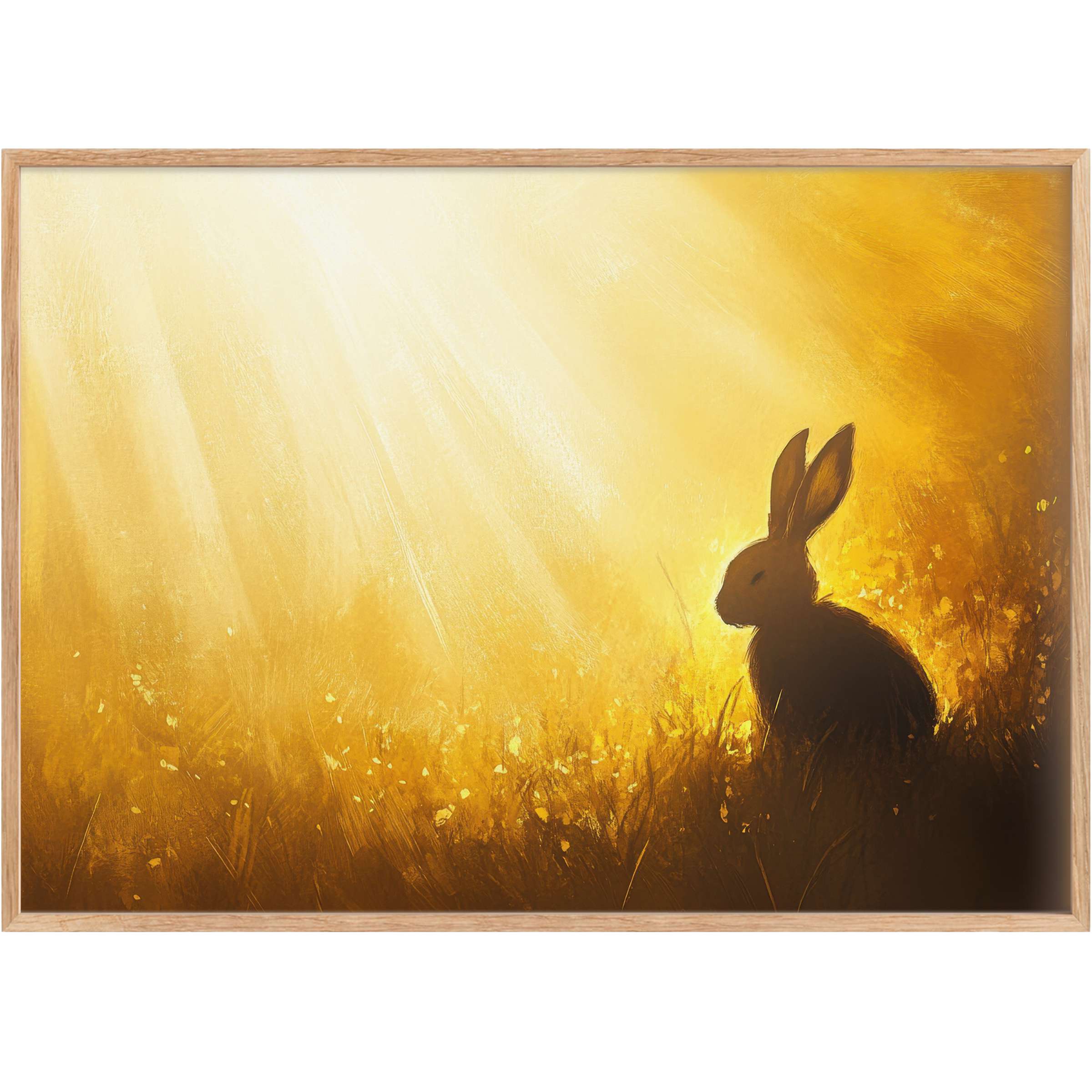 Radiant easter printable wall art with a silhouette bunny bathed in golden light, evoking warmth and serene spring mornings