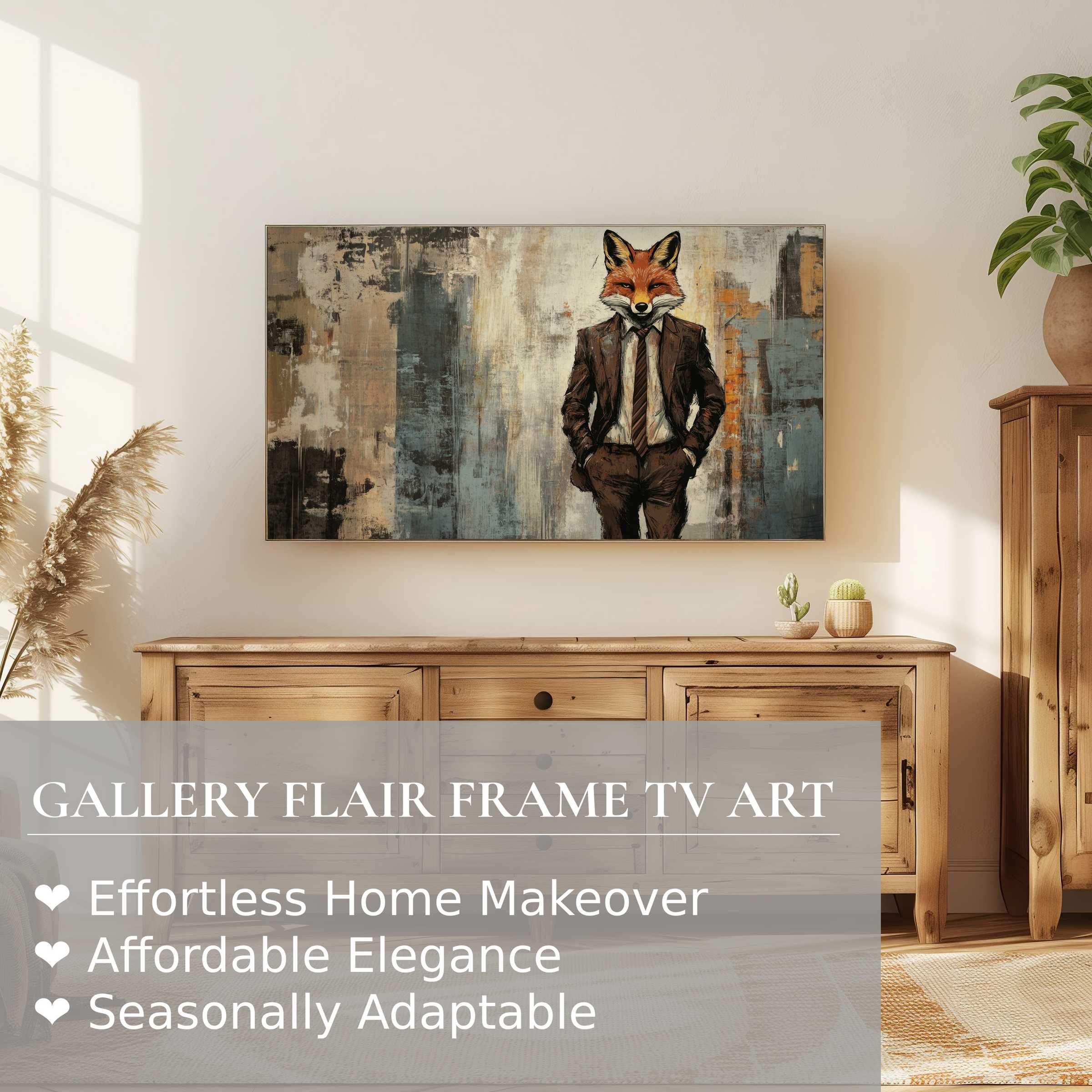 Modern living space with Samsung Frame TV showcasing street art digital artwork of suave fox in suit