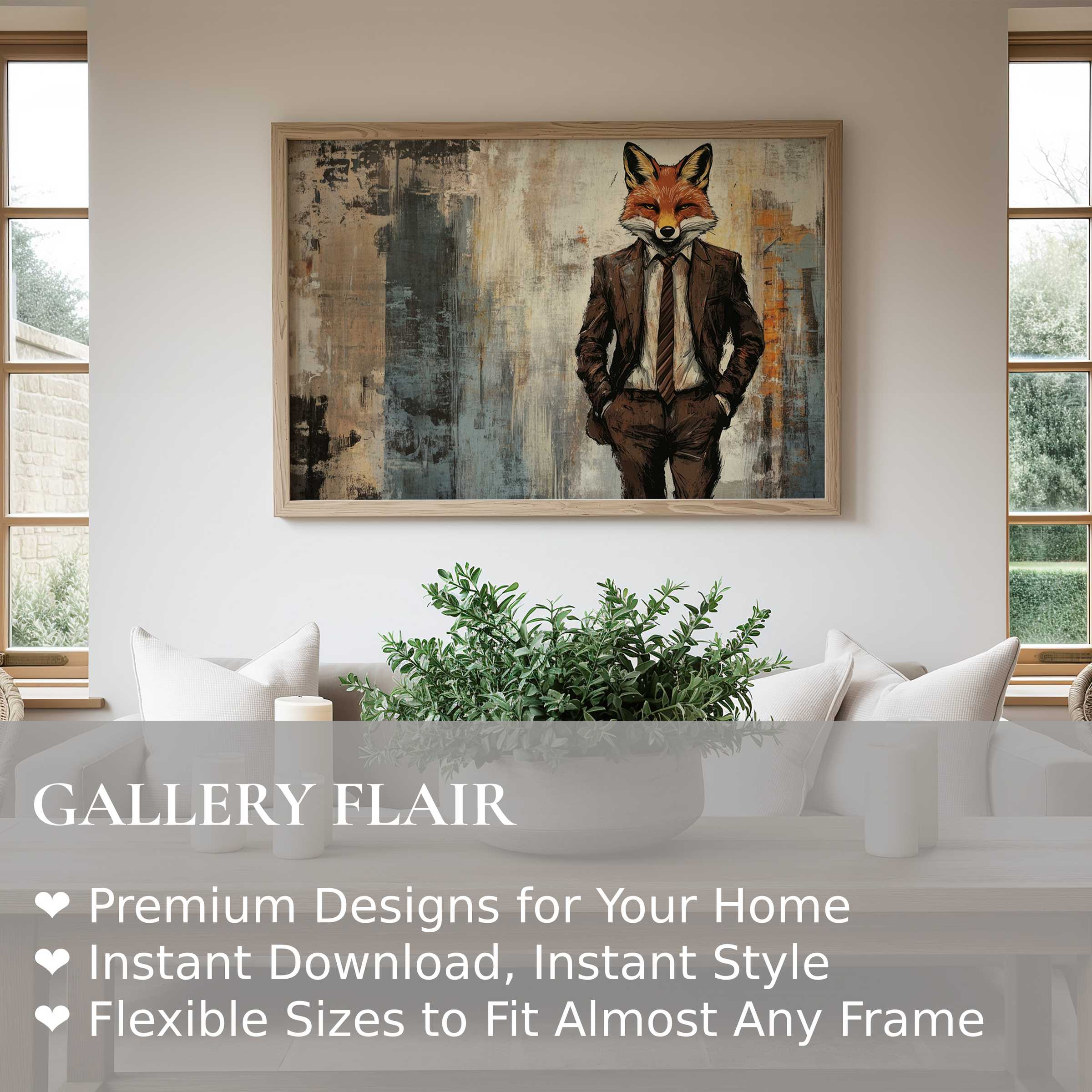 Bold street art wall art print featuring a dapper fox in a suit, enriching modern minimalist interiors with urban edge and character