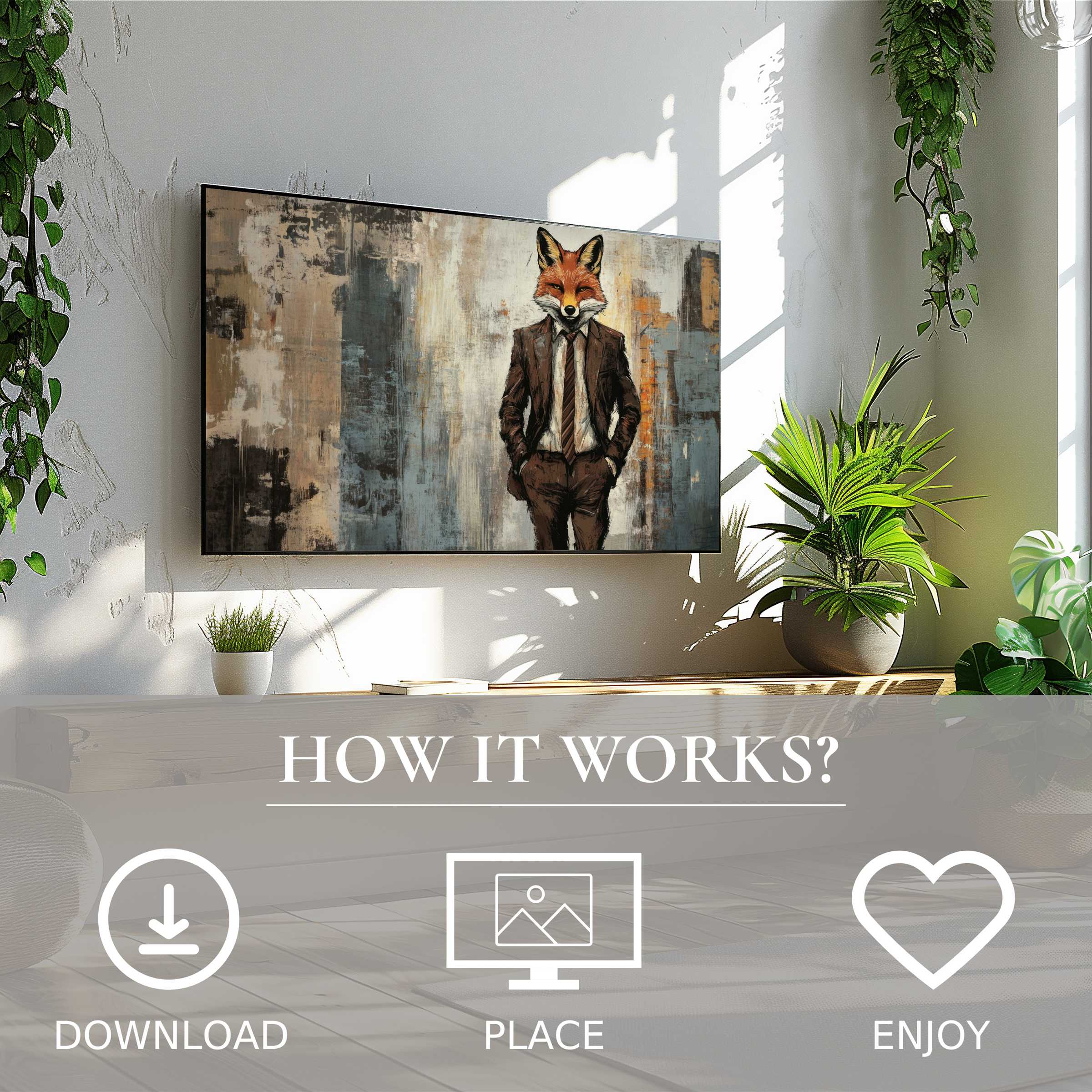 Street art for Samsung TV: sleek digital download enriches modern space with a stylish fox motif in muted color flow