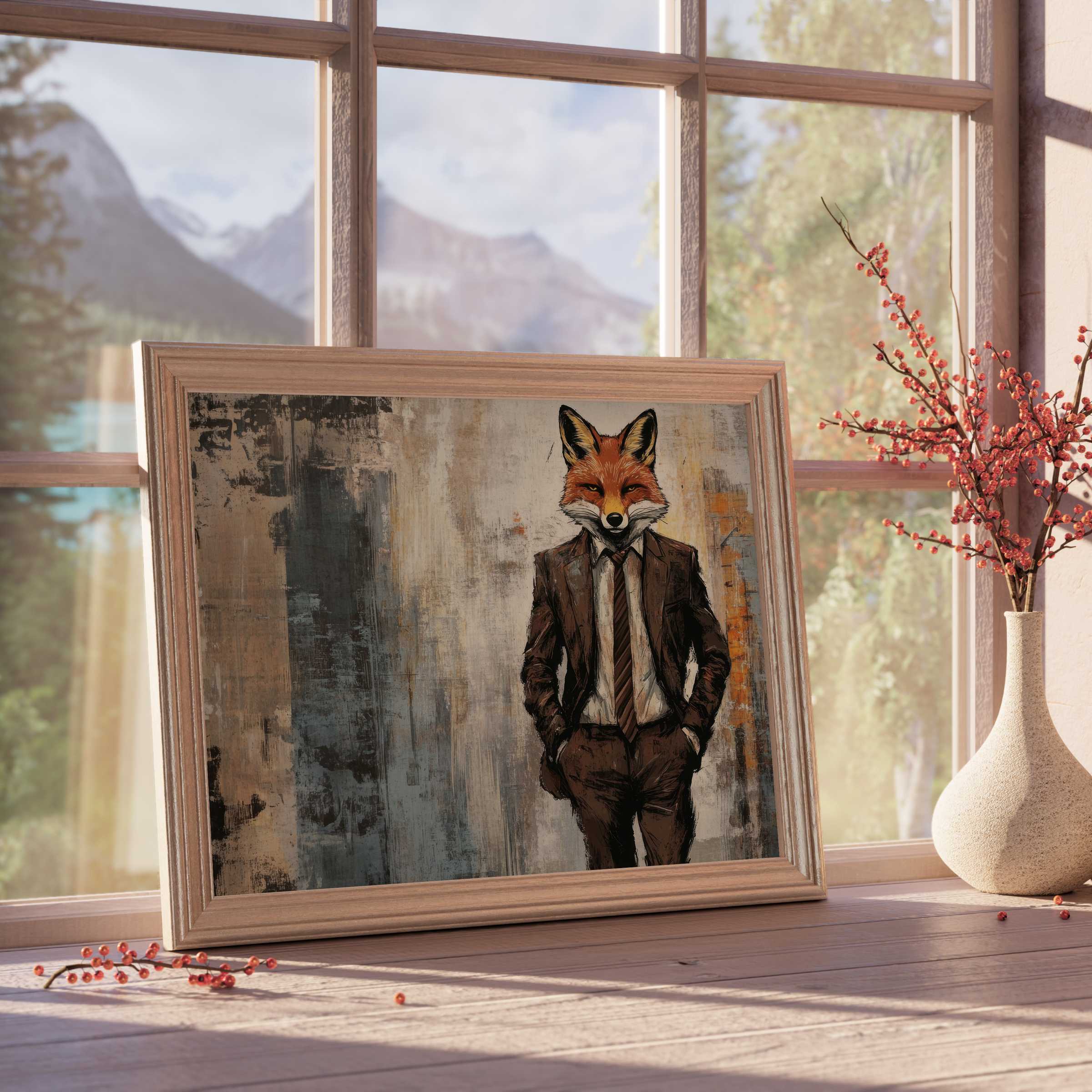 Sophisticated street art downloadable art of a fox in a tailored suit, exuding charm and depth in refined, curated interiors