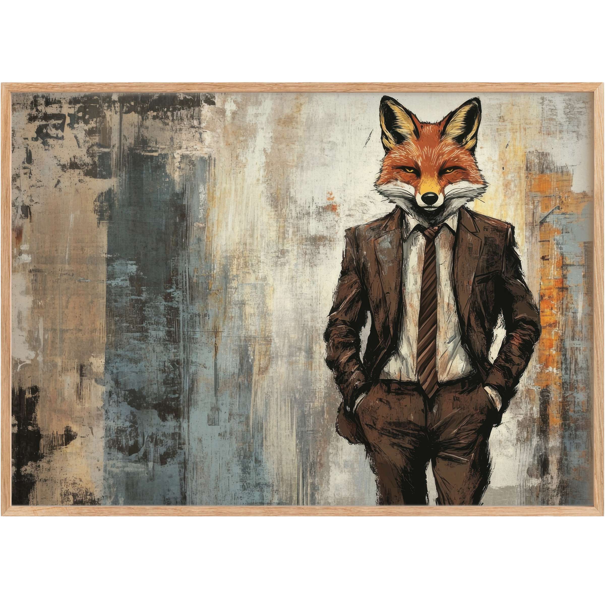Bold street art printable wall art featuring a sharp fox in a tailored suit, blending earthy browns and muted blues for a confident, sophisticated vibe