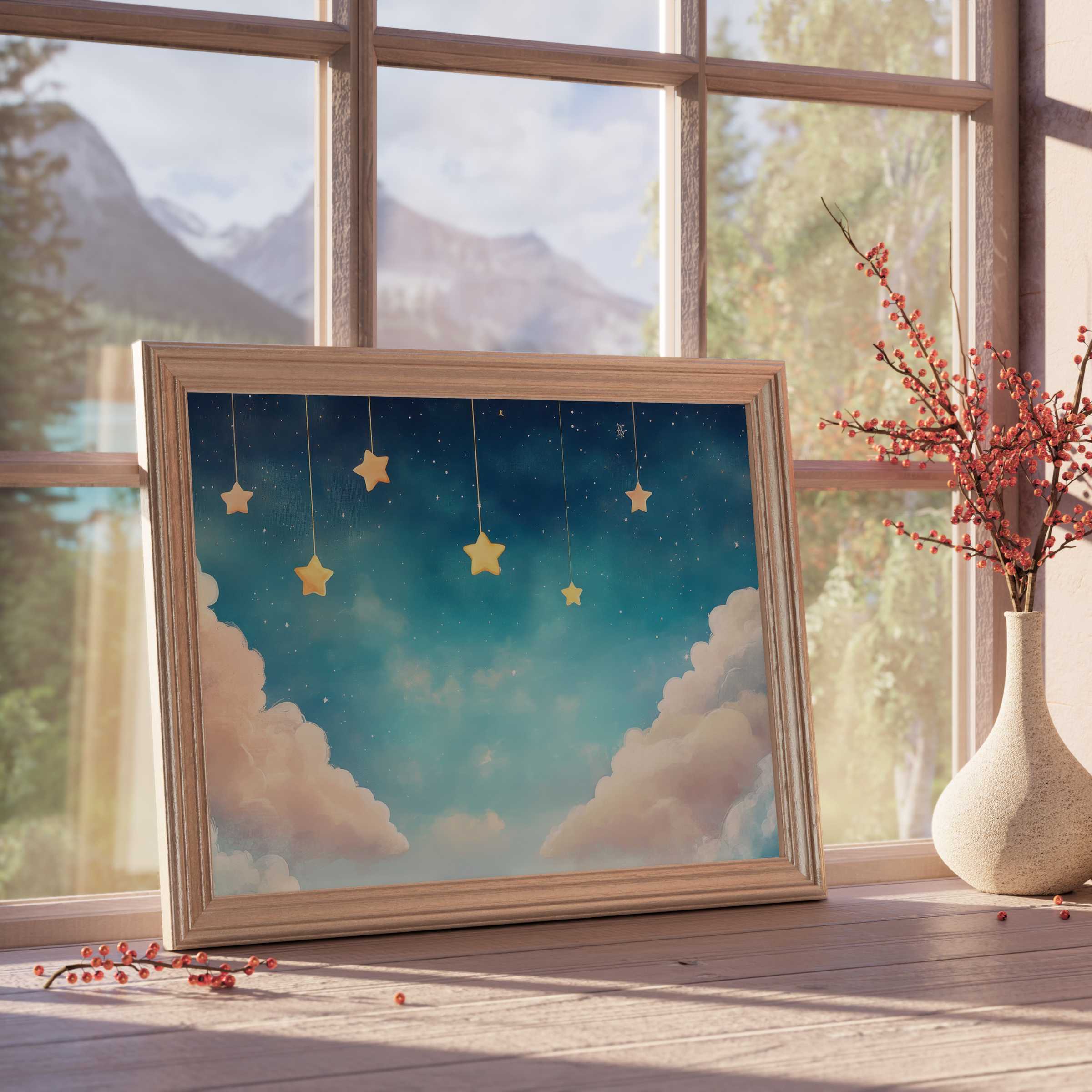 Nursery downloadable art featuring a serene night sky with hanging stars and soft clouds, perfect for tranquil, curated interiors