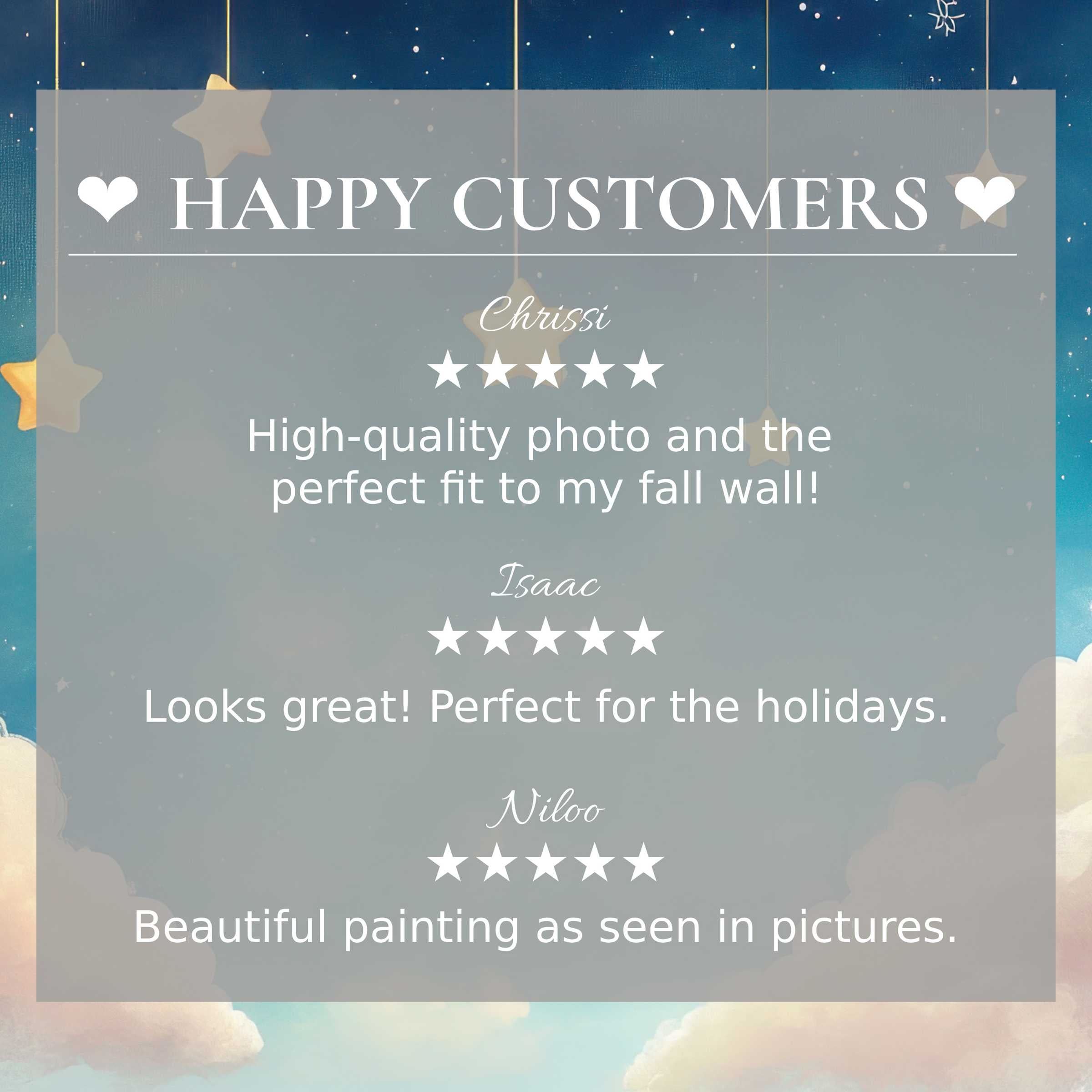 Nursery art for Frame TV with abstract twilight sky background, showcasing happy customer reviews and elegant trust-building layout