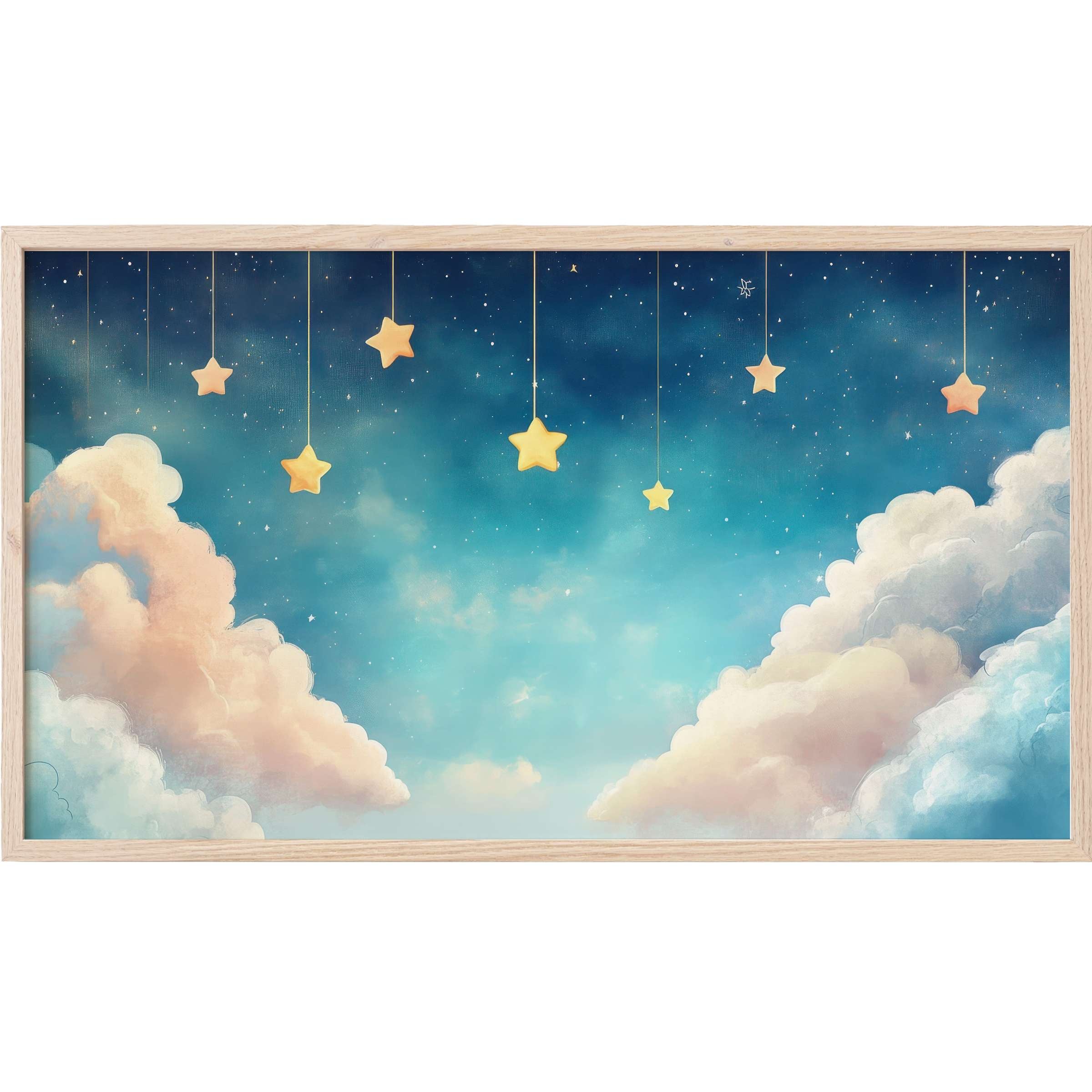 Dreamy sky with hanging golden stars and soft pastel clouds in elegant nursery Frame TV Art style